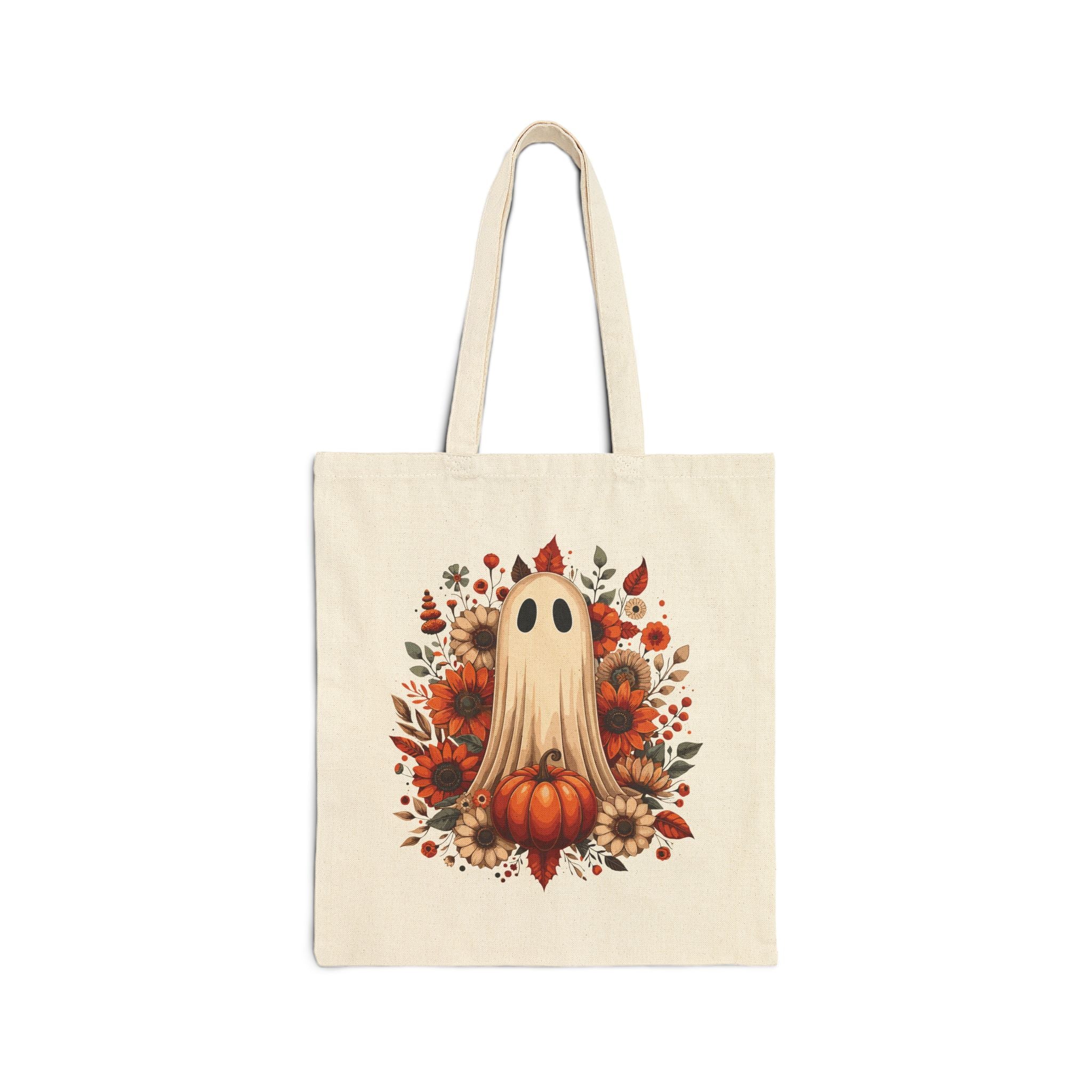 Autumn Ghost Pumpkin Tote Bag — Halloween Fall Floral Canvas Tote