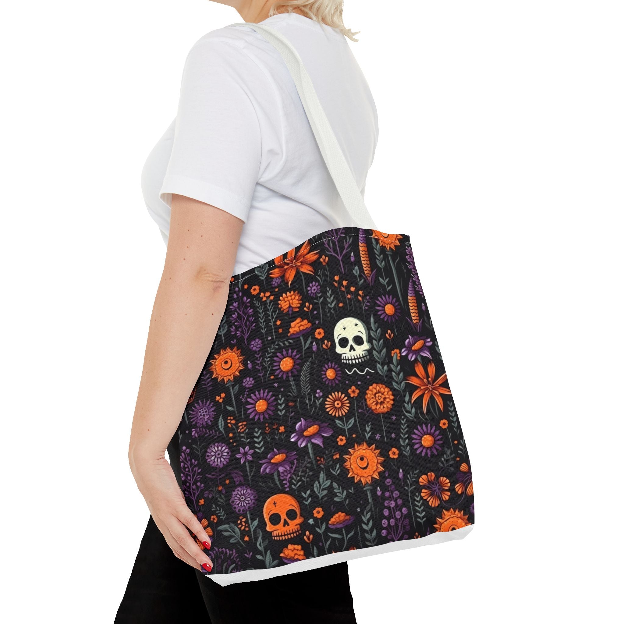 Halloween Skull Floral Tote Bag — Spooky Orange & Purple All-Over-Print