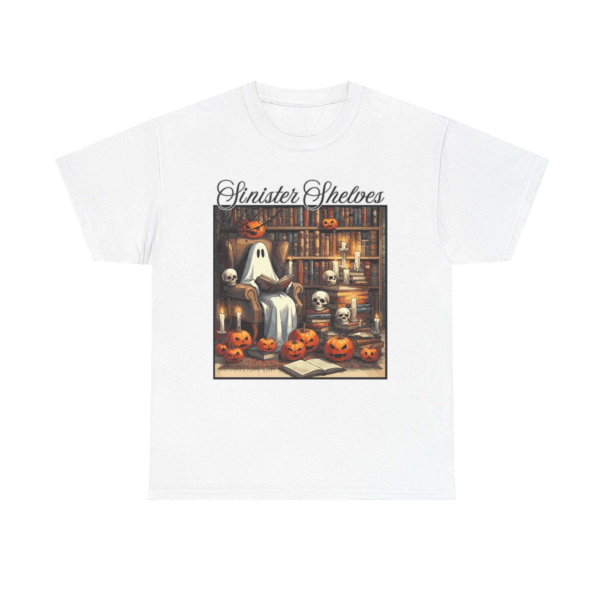 Halloween Ghost Library T‑Shirt — "Sinister Shelves" Vintage Spooky Jack‑O'Lantern Tee