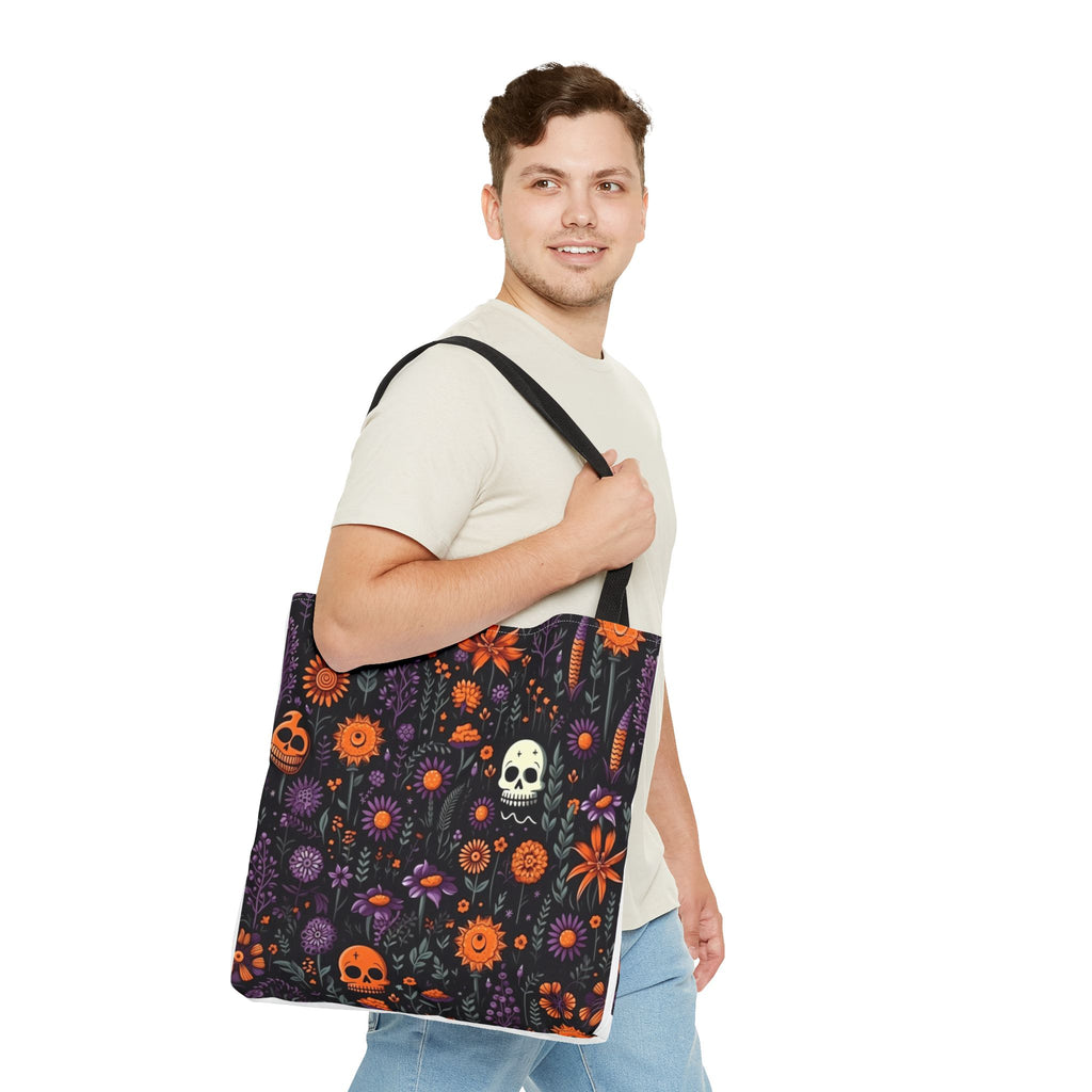 Halloween Skull Floral Tote Bag — Spooky Orange & Purple All-Over-Print