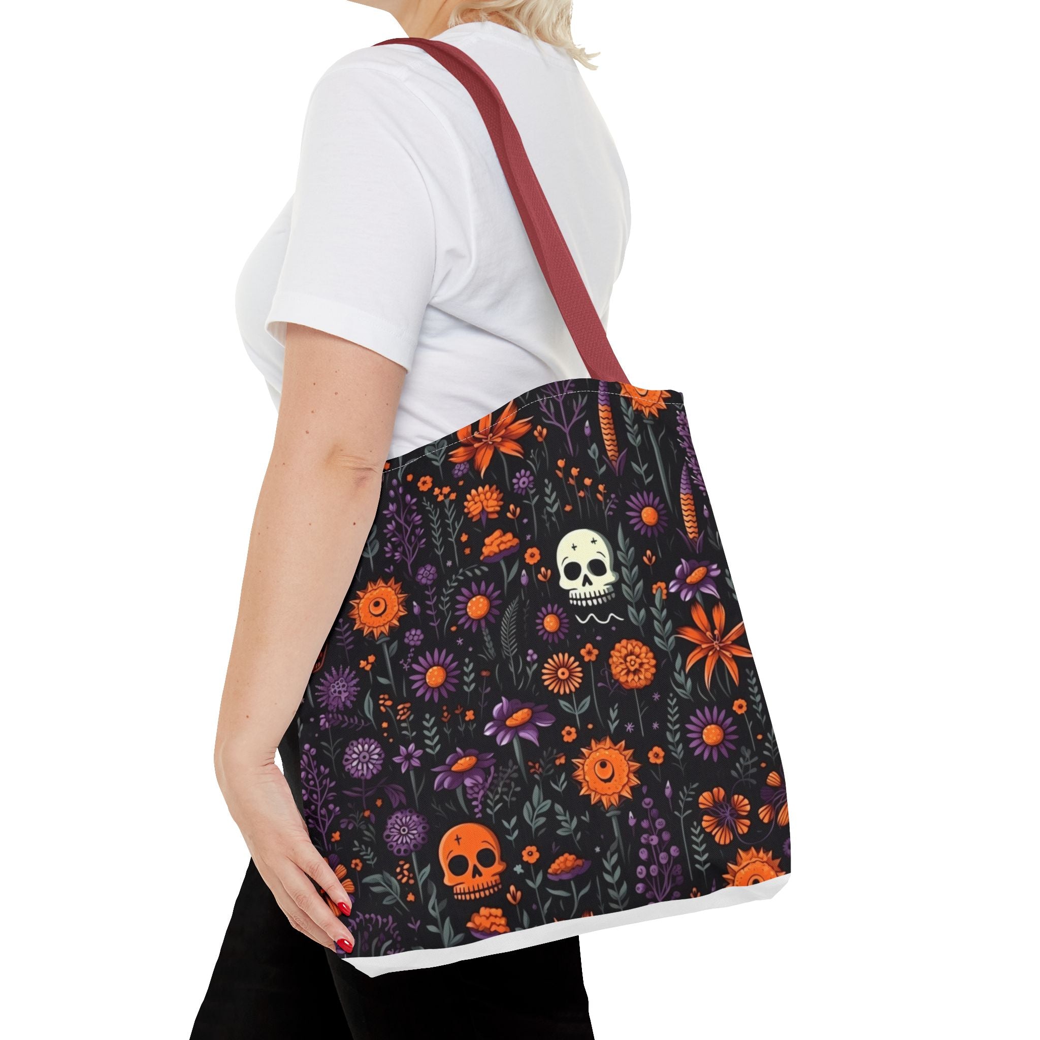 Halloween Skull Floral Tote Bag — Spooky Orange & Purple All-Over-Print