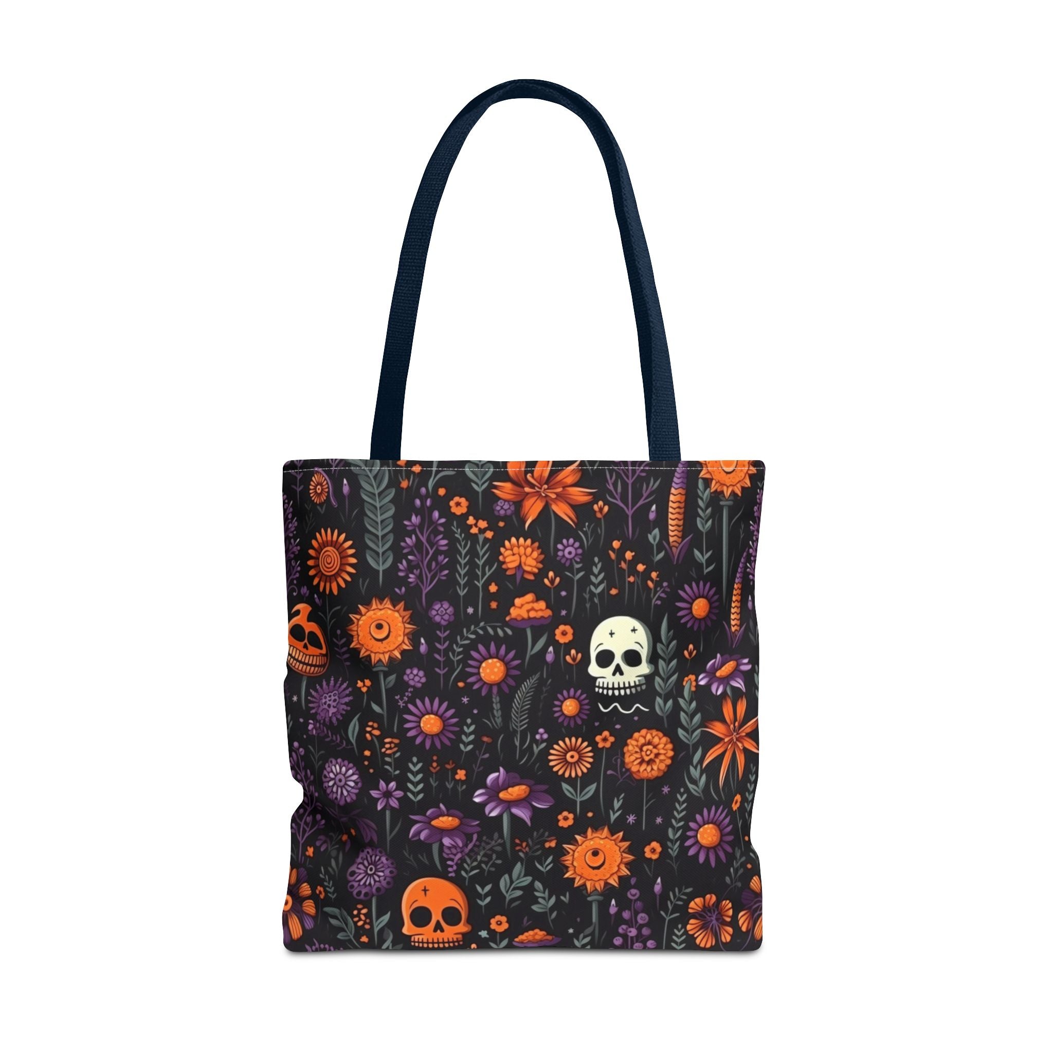 Halloween Skull Floral Tote Bag — Spooky Orange & Purple All-Over-Print