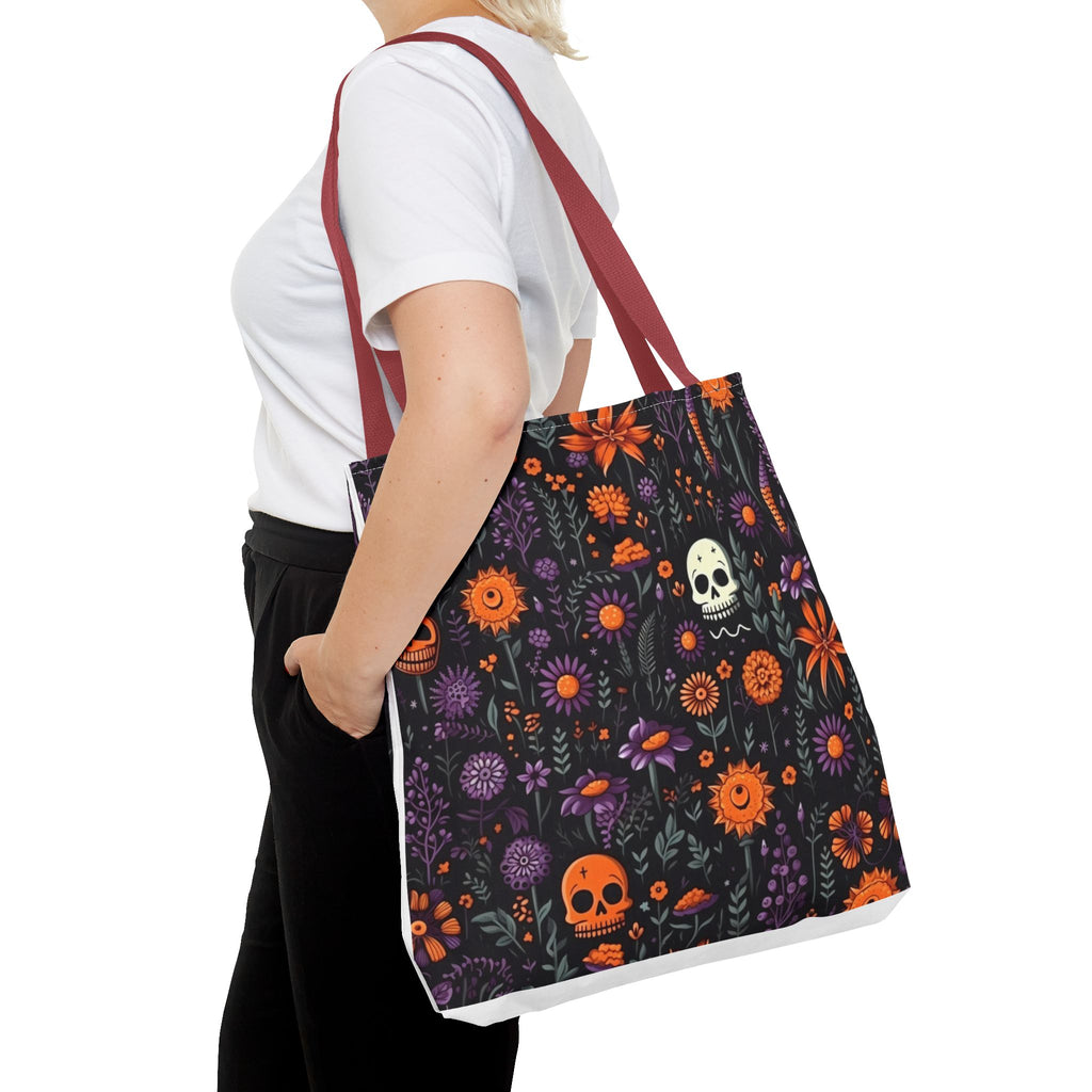 Halloween Skull Floral Tote Bag — Spooky Orange & Purple All-Over-Print