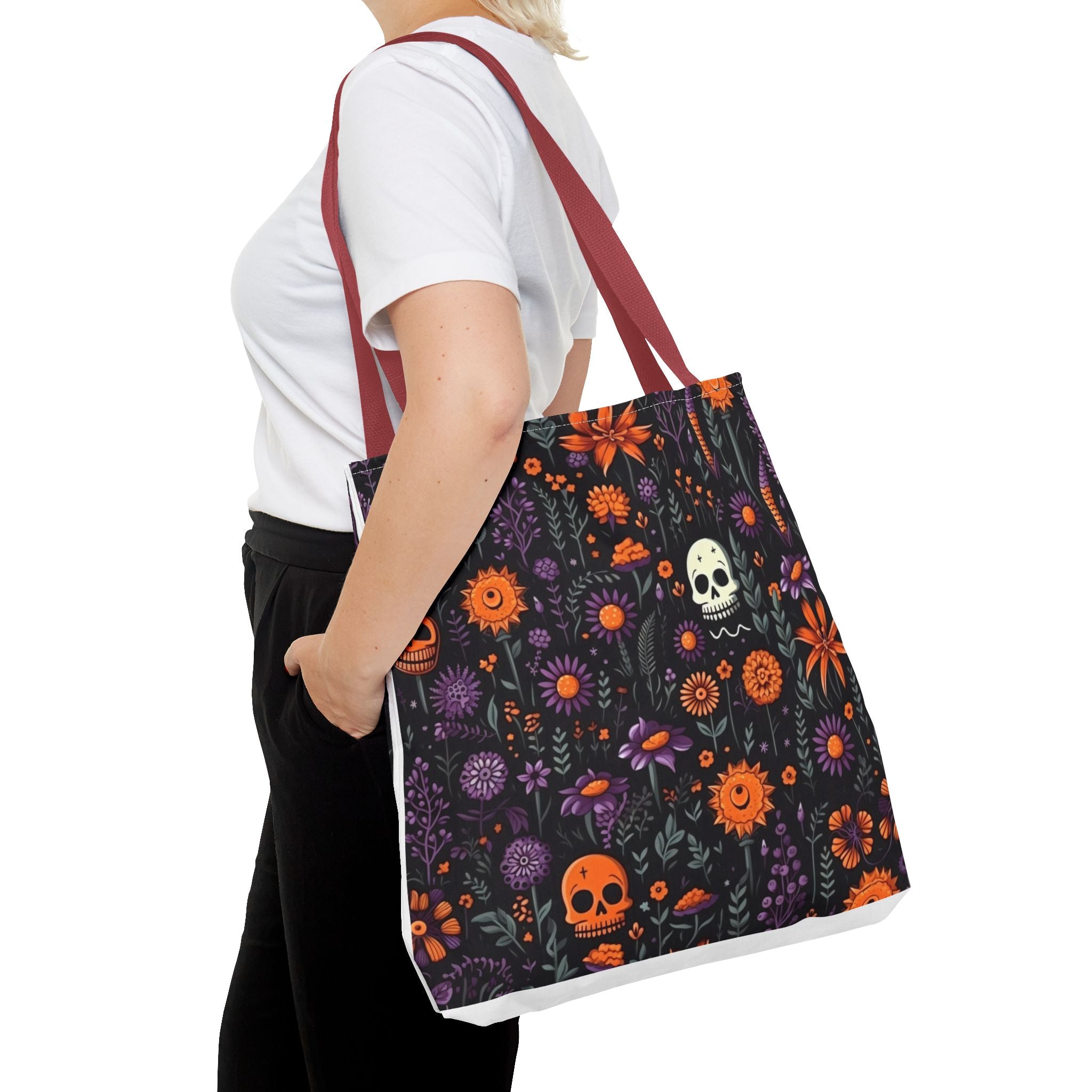 Halloween Skull Floral Tote Bag — Spooky Orange & Purple All-Over-Print