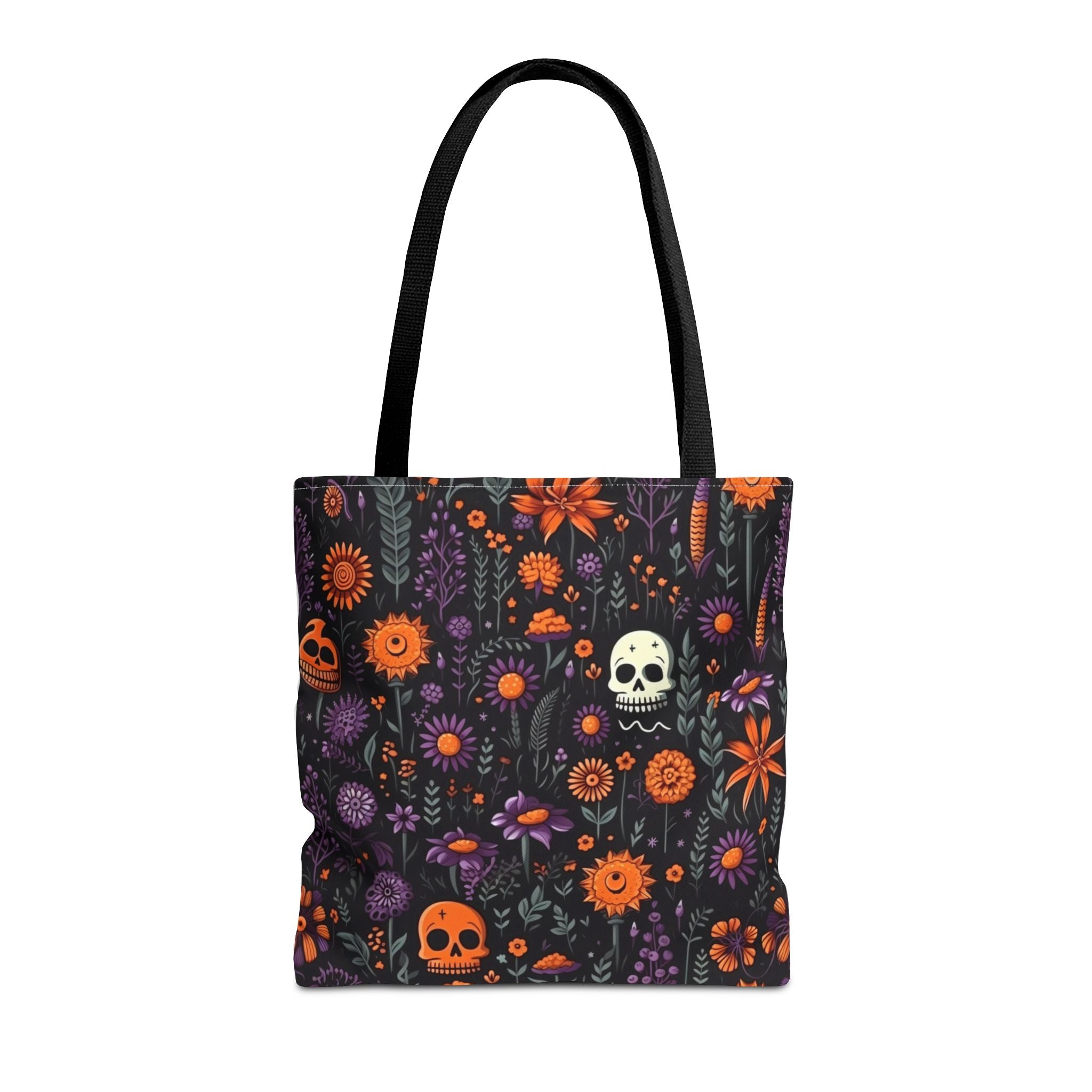 Halloween Skull Floral Tote Bag — Spooky Orange & Purple All-Over-Print