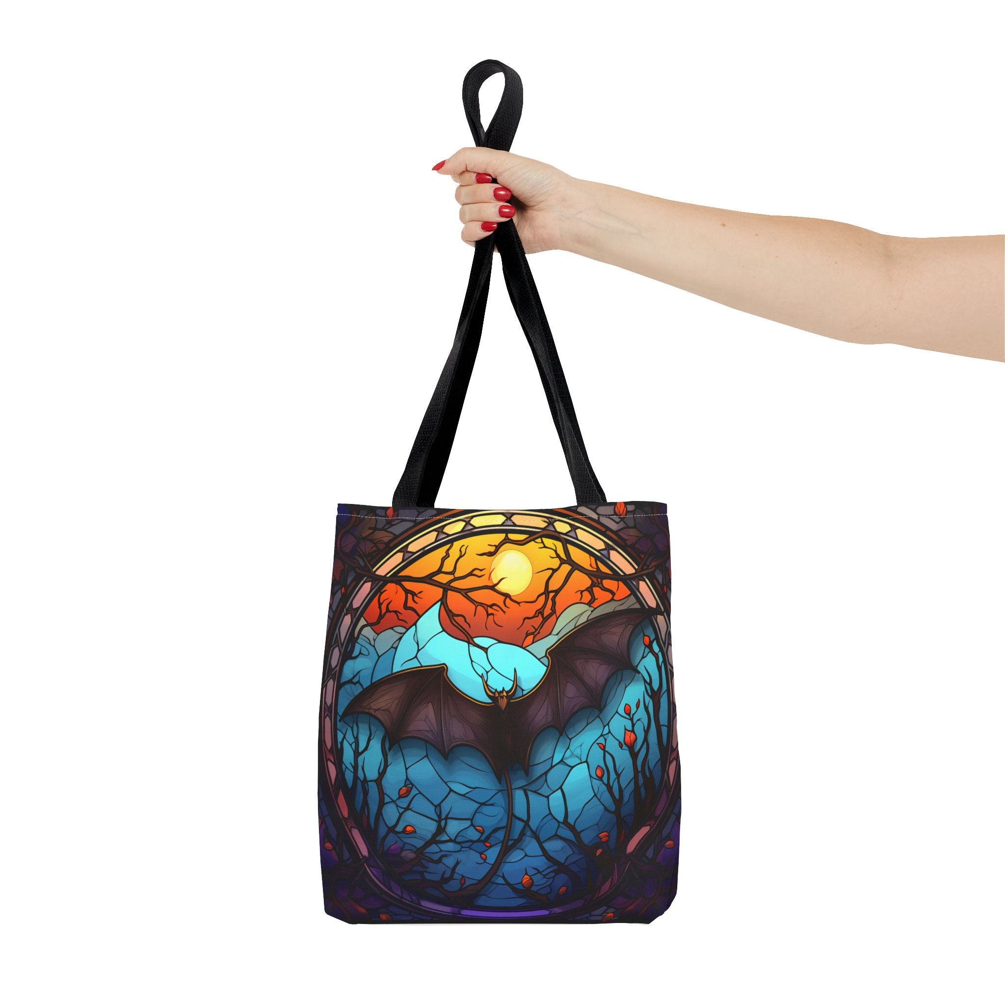 Stained Glass Bat Tote Bag — Moonlit Halloween AOP Canvas Tote