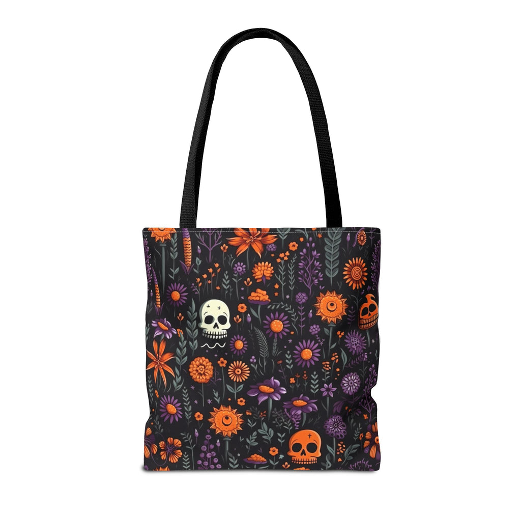 Halloween Skull Floral Tote Bag — Spooky Orange & Purple All-Over-Print