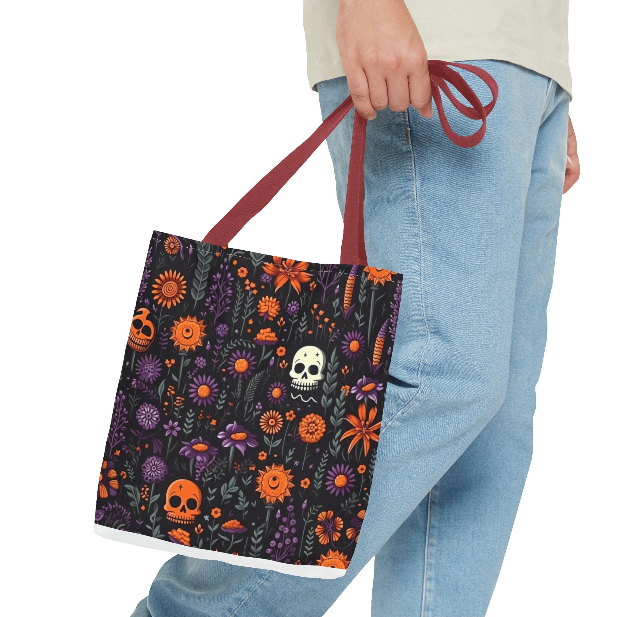 Halloween Skull Floral Tote Bag — Spooky Orange & Purple All-Over-Print