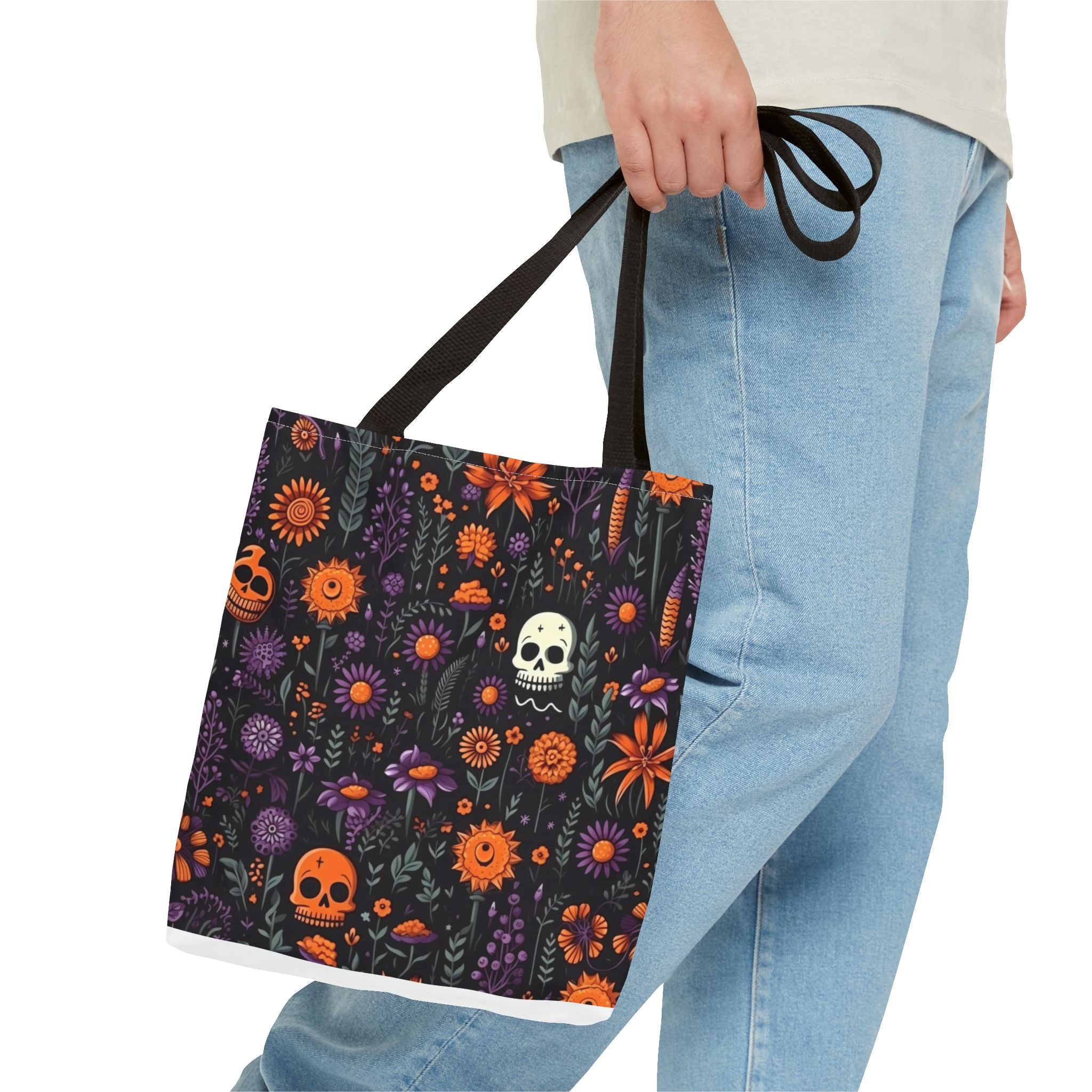 Halloween Skull Floral Tote Bag — Spooky Orange & Purple All-Over-Print
