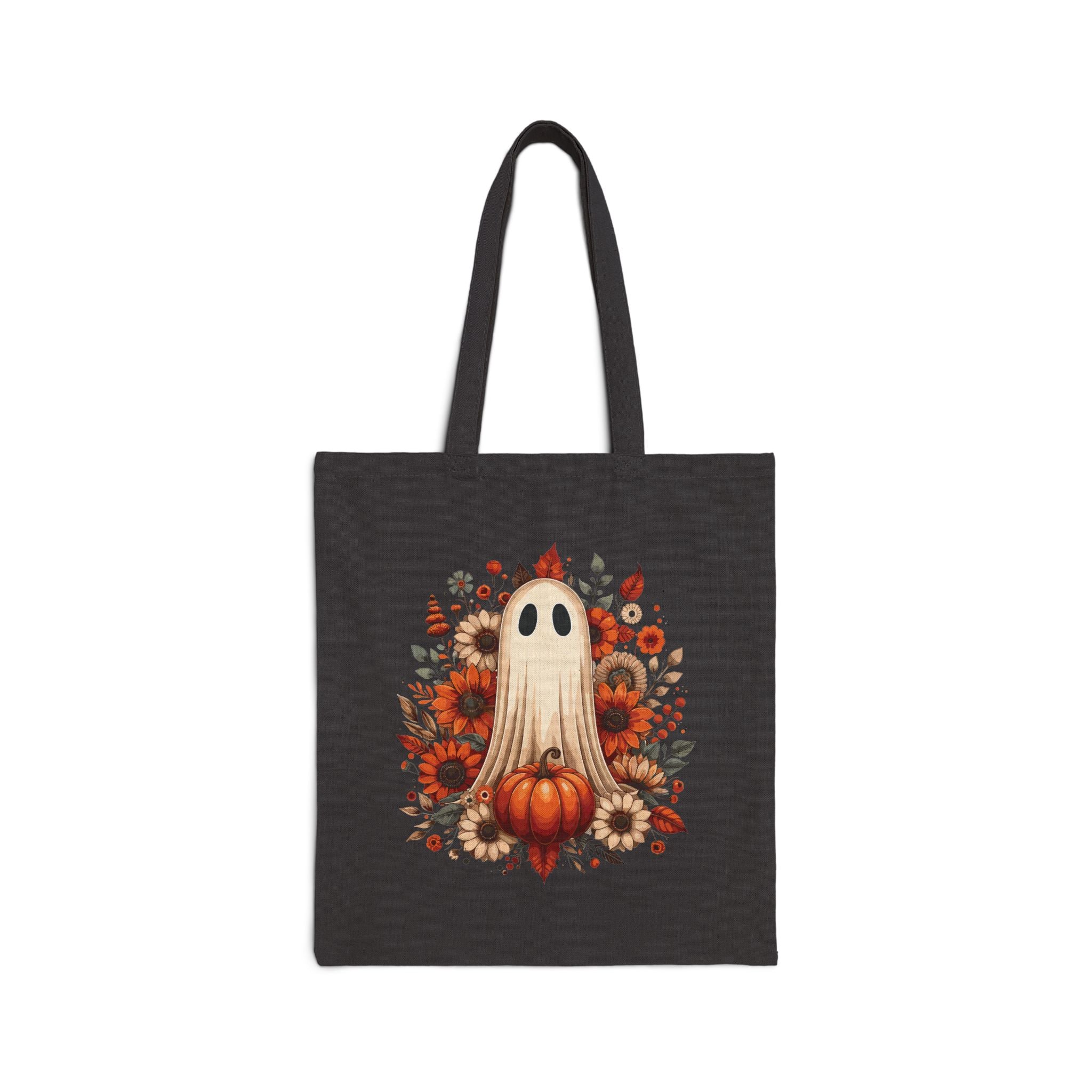Autumn Ghost Pumpkin Tote Bag — Halloween Fall Floral Canvas Tote
