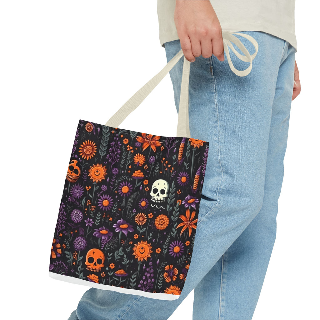 Halloween Skull Floral Tote Bag — Spooky Orange & Purple All-Over-Print