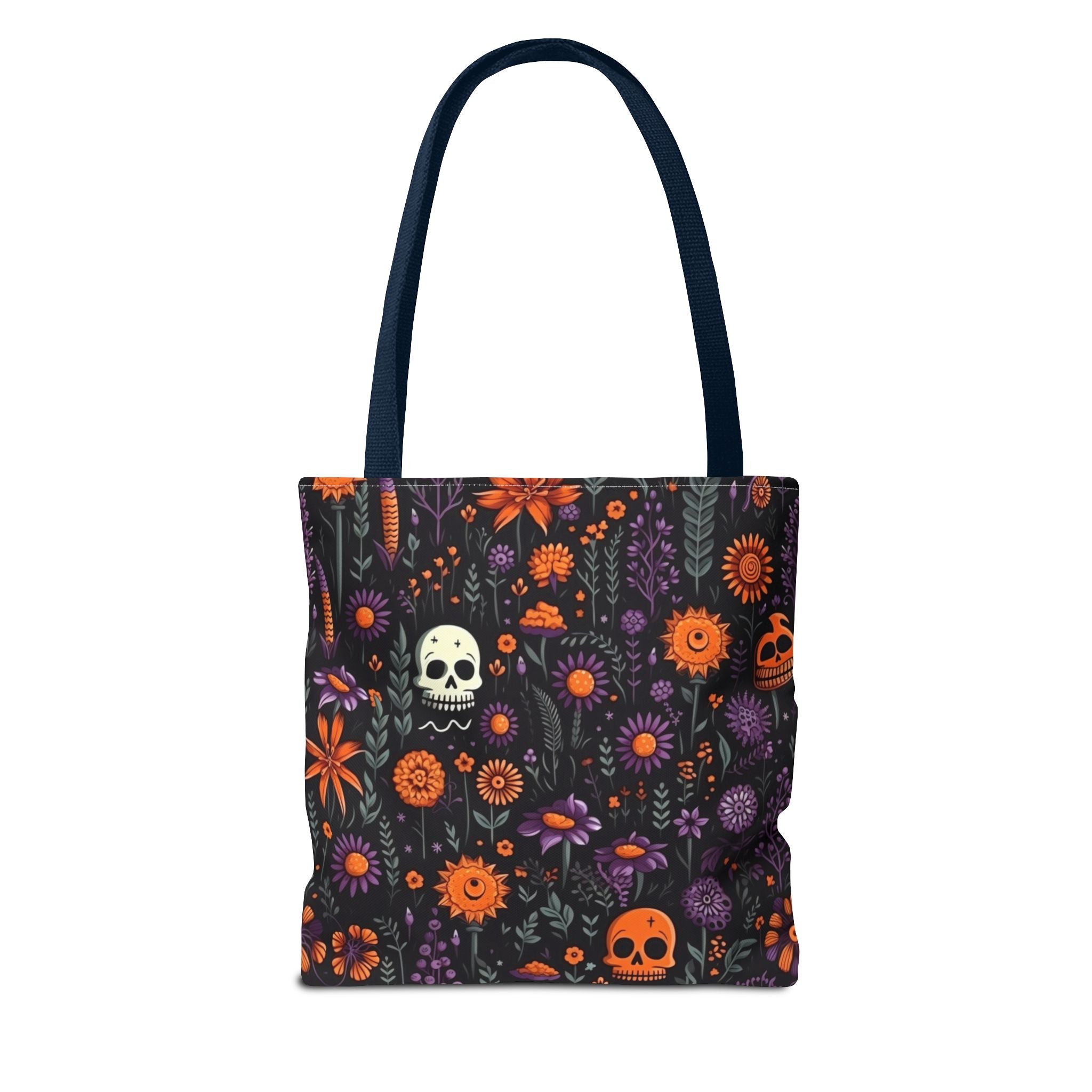 Halloween Skull Floral Tote Bag — Spooky Orange & Purple All-Over-Print