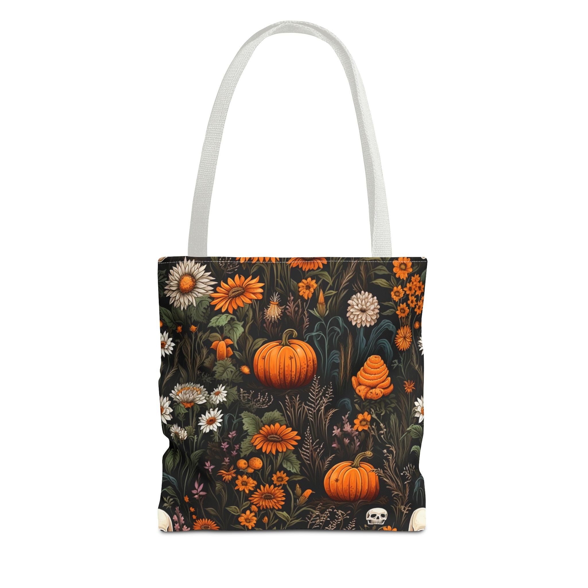 Halloween Pumpkin Floral Tote Bag — Autumn Skull Garden All-Over Print Tote