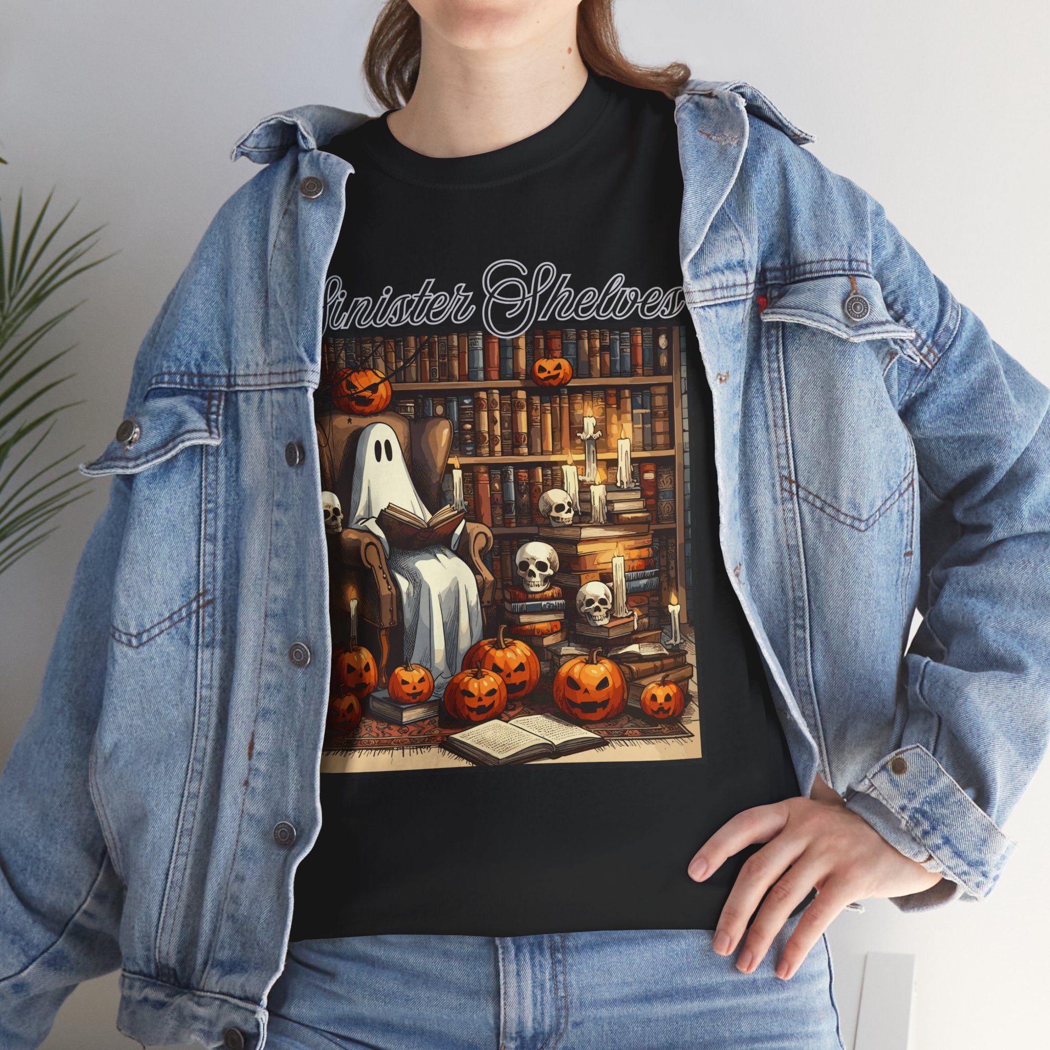 Halloween Ghost Library T‑Shirt — "Sinister Shelves" Vintage Spooky Jack‑O'Lantern Tee