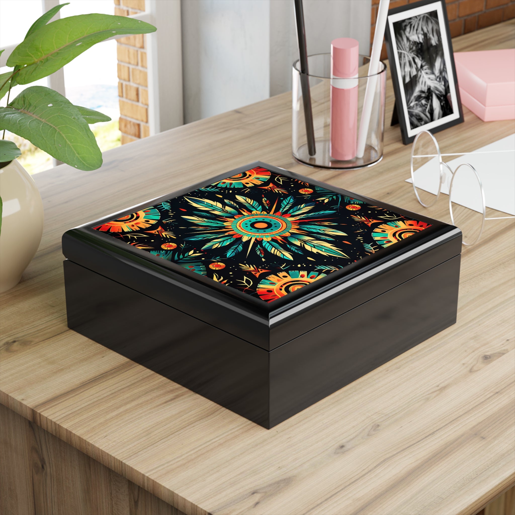 Boho Feather Mandala Jewelry Box — Decorative Keepsake Organizer