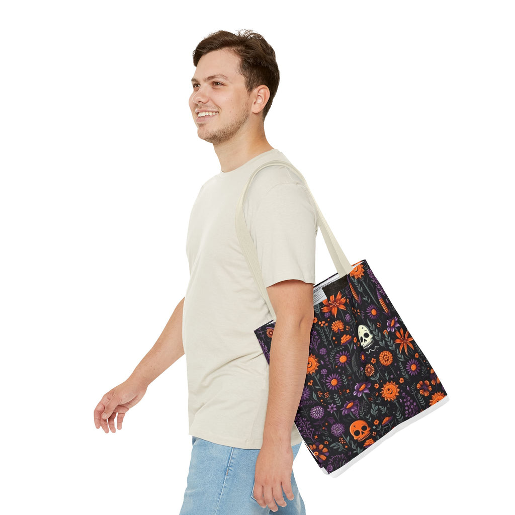 Halloween Skull Floral Tote Bag — Spooky Orange & Purple All-Over-Print