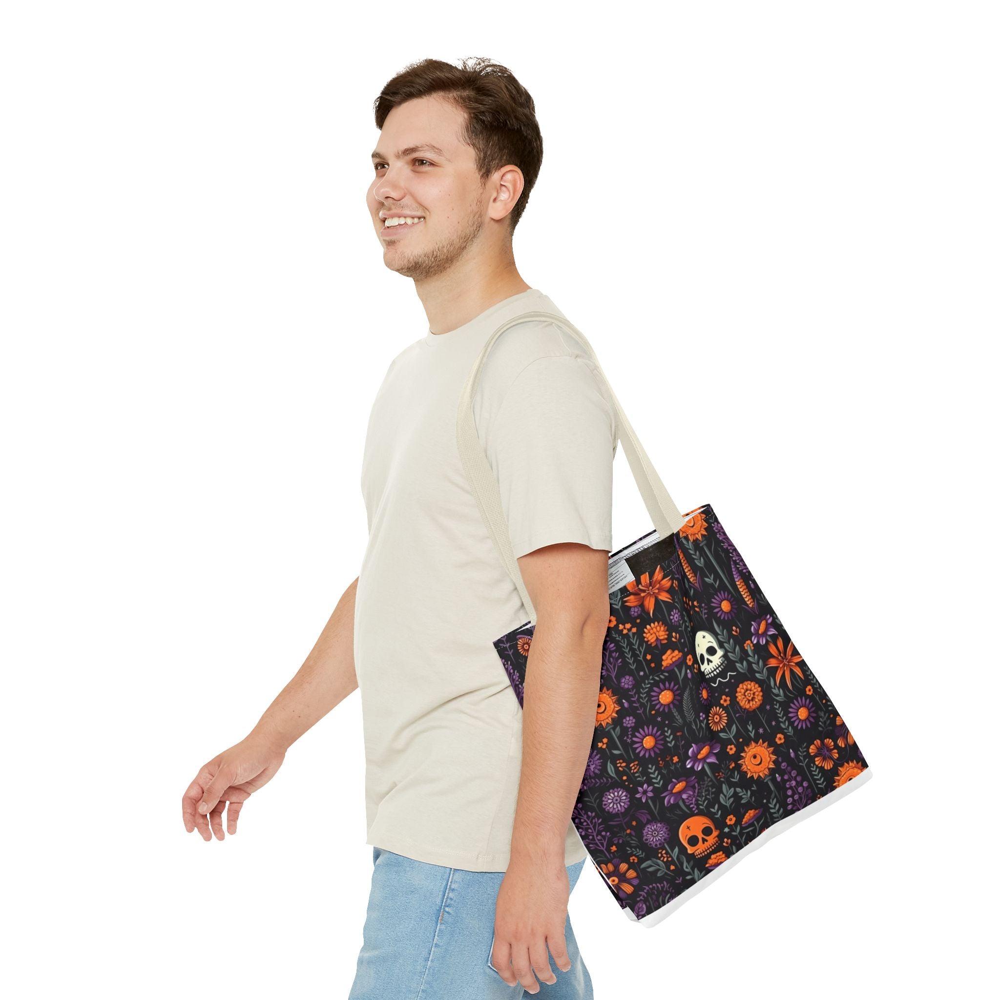 Halloween Skull Floral Tote Bag — Spooky Orange & Purple All-Over-Print
