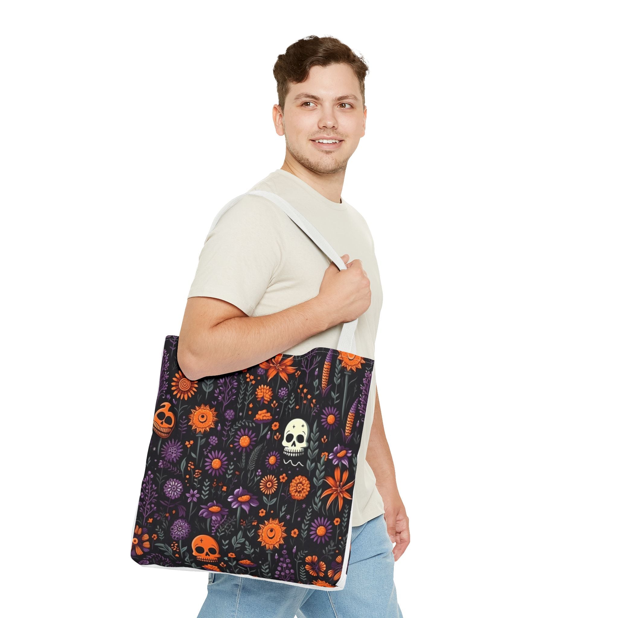 Halloween Skull Floral Tote Bag — Spooky Orange & Purple All-Over-Print