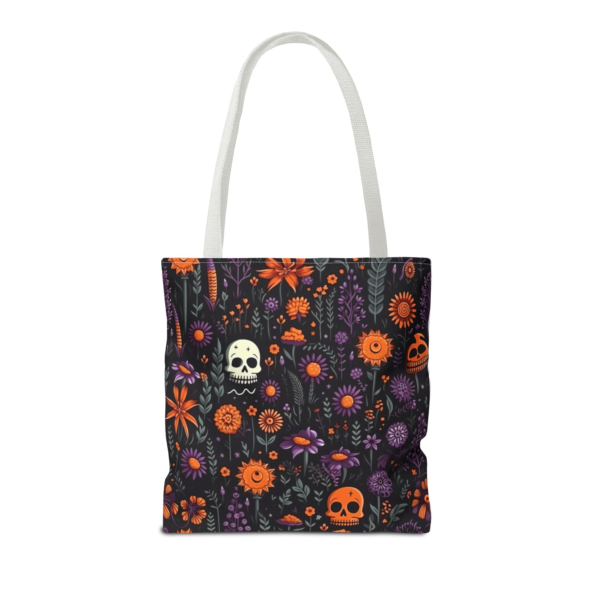 Halloween Skull Floral Tote Bag — Spooky Orange & Purple All-Over-Print