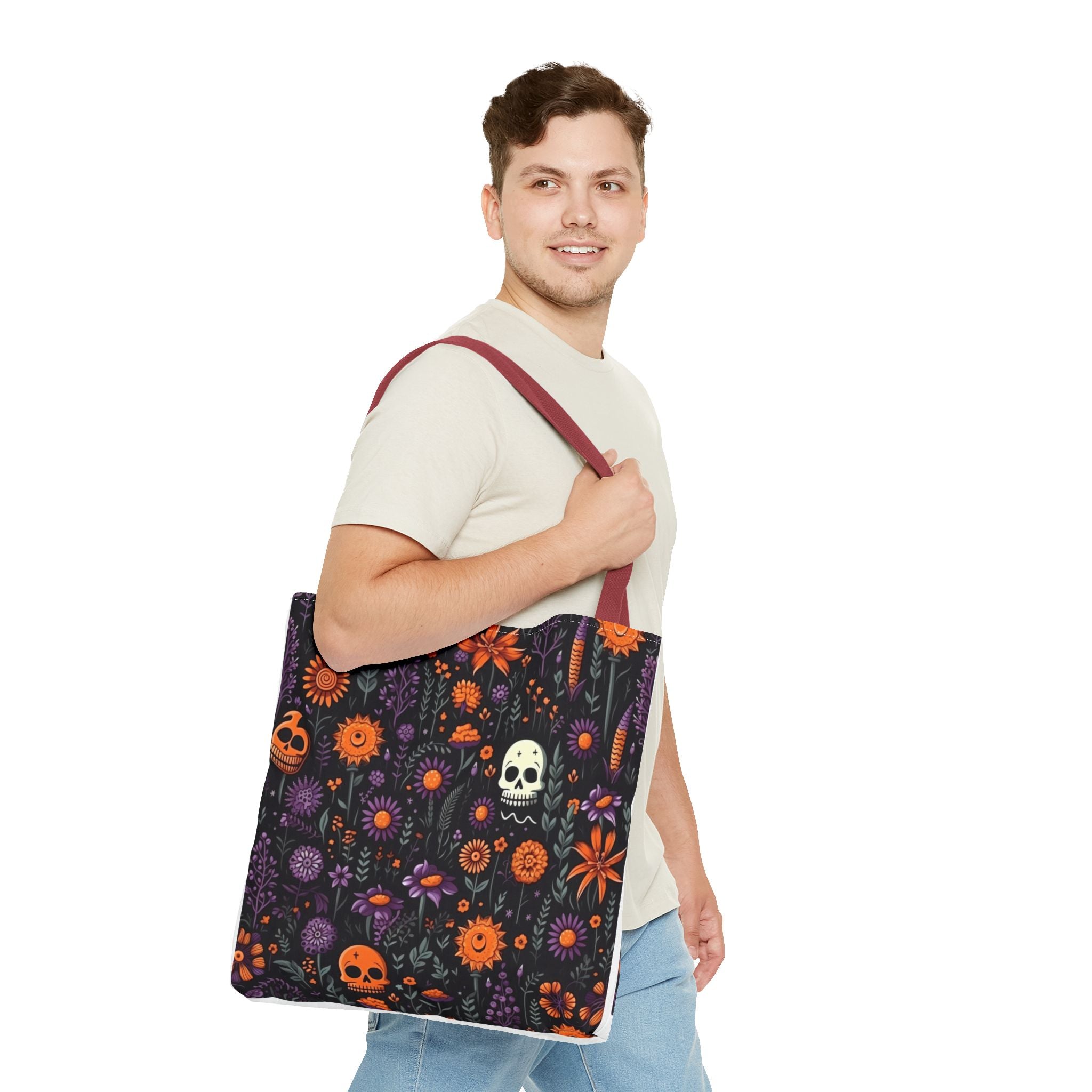 Halloween Skull Floral Tote Bag — Spooky Orange & Purple All-Over-Print