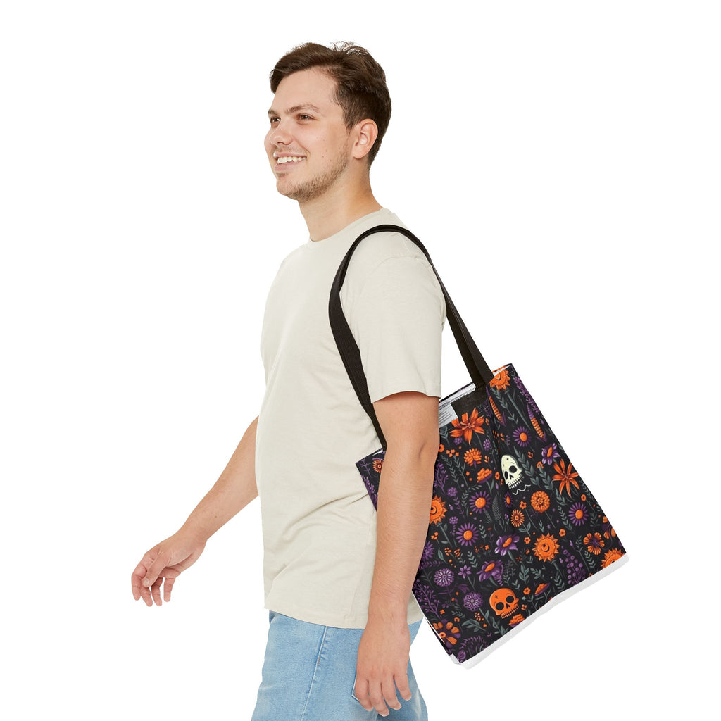 Halloween Skull Floral Tote Bag — Spooky Orange & Purple All-Over-Print