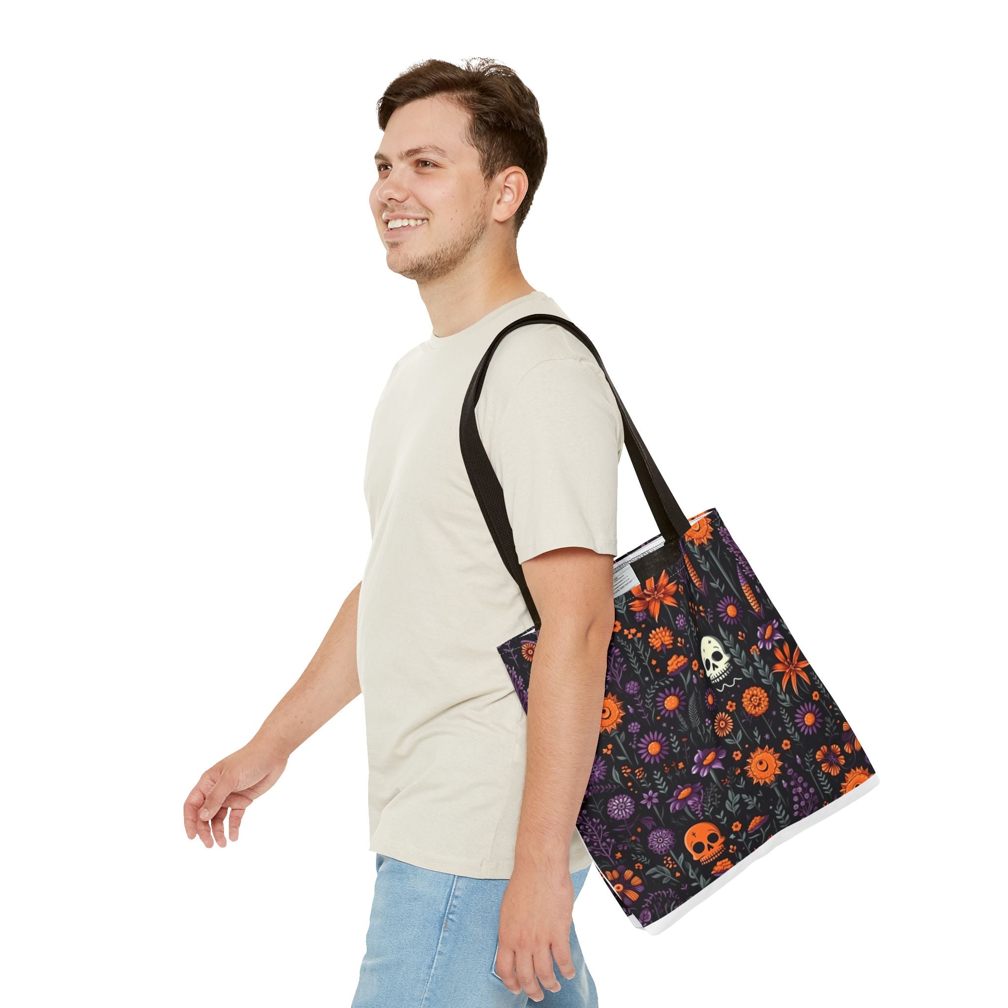 Halloween Skull Floral Tote Bag — Spooky Orange & Purple All-Over-Print