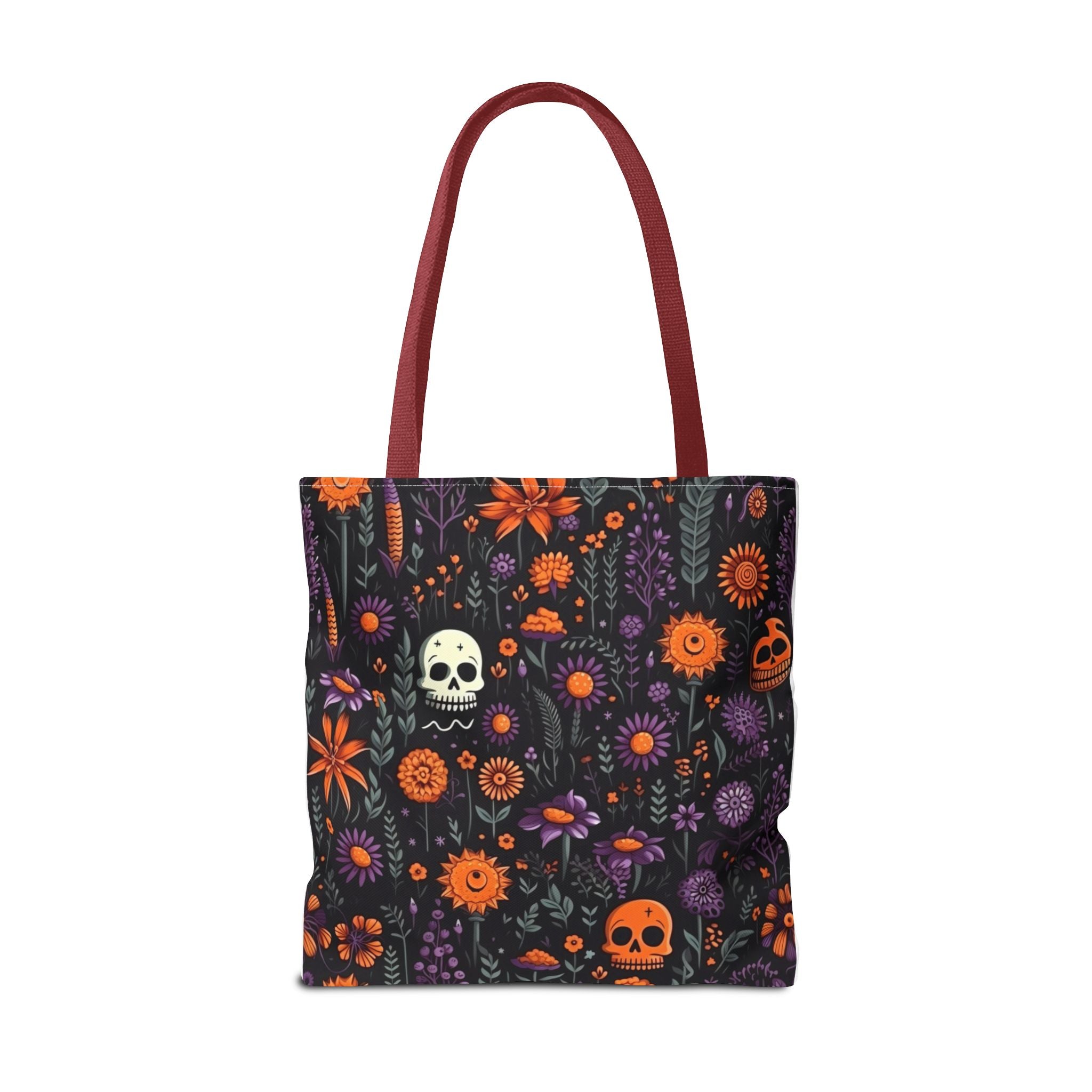 Halloween Skull Floral Tote Bag — Spooky Orange & Purple All-Over-Print