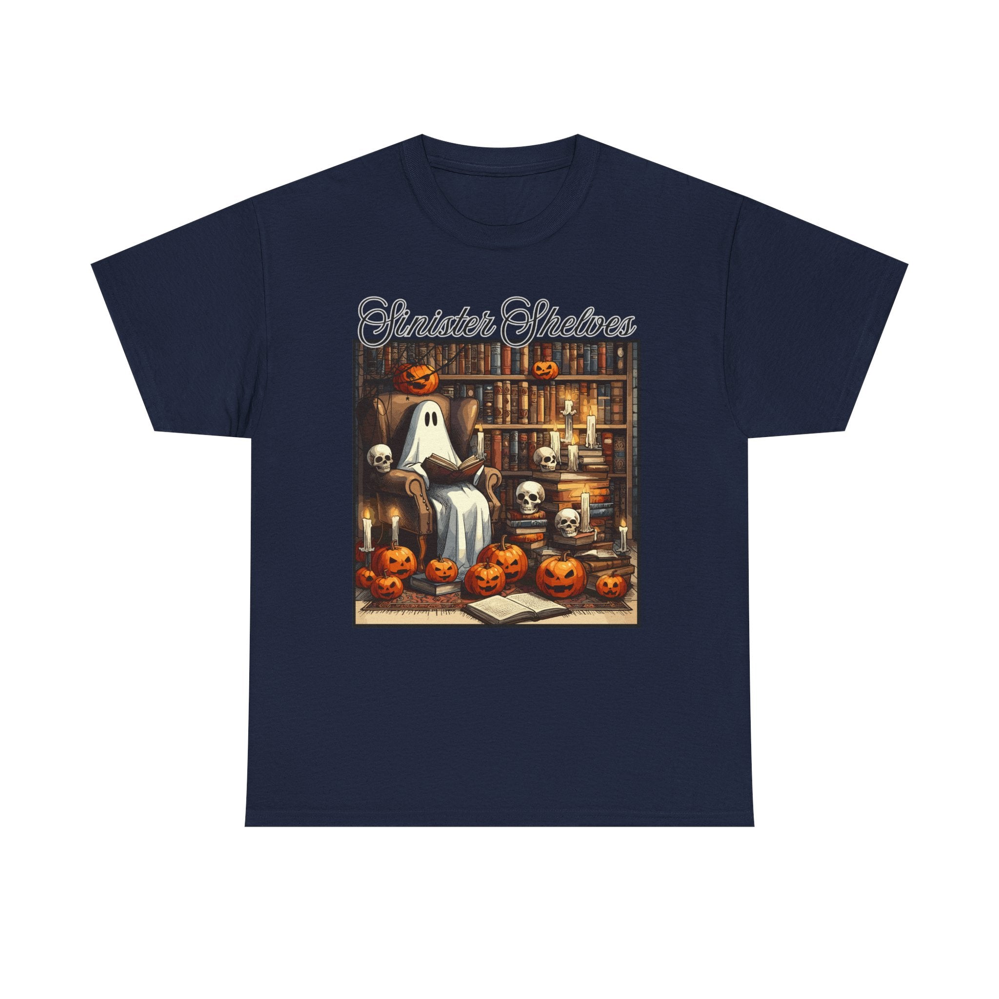 Halloween Ghost Library T‑Shirt — "Sinister Shelves" Vintage Spooky Jack‑O'Lantern Tee