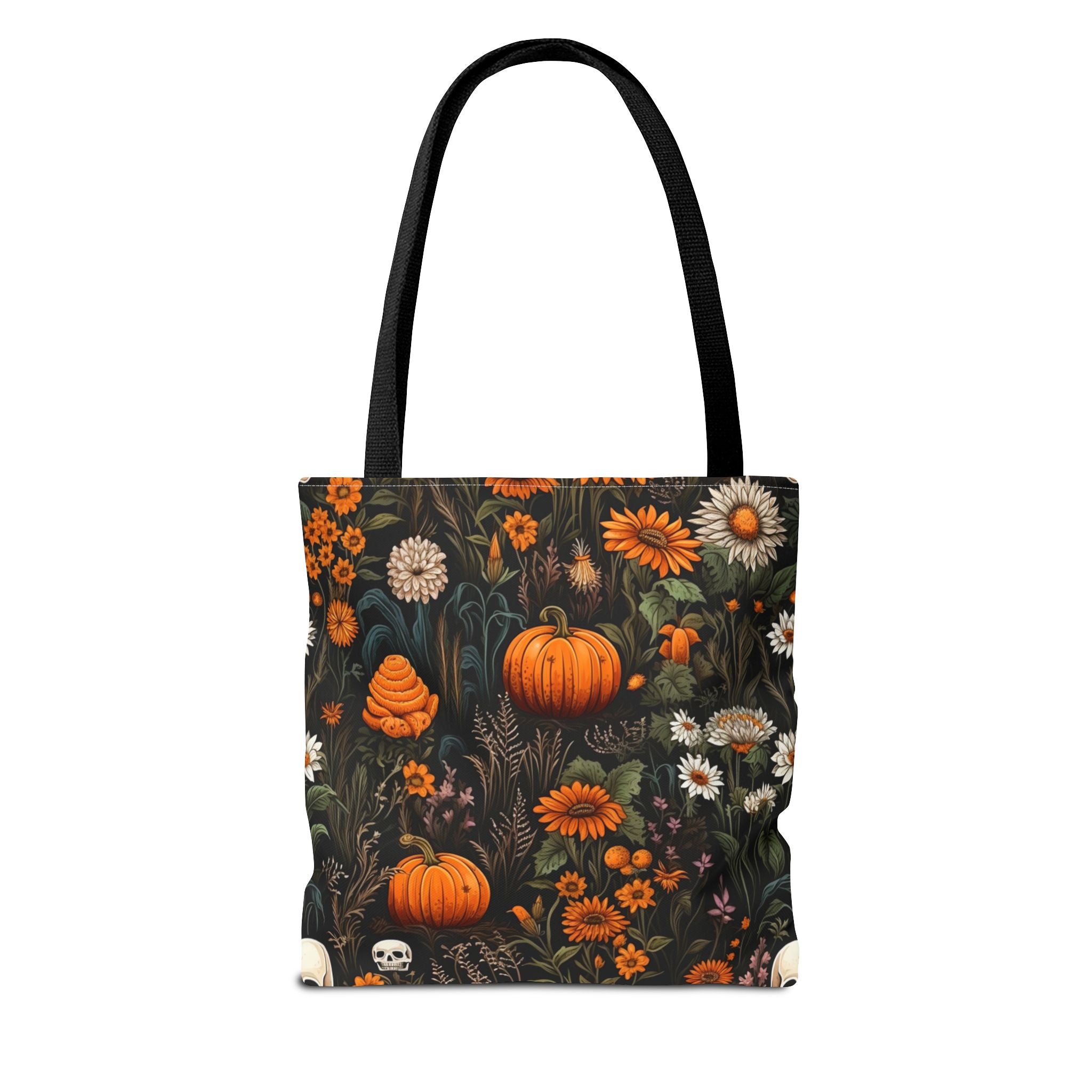 Halloween Pumpkin Floral Tote Bag — Autumn Skull Garden All-Over Print Tote