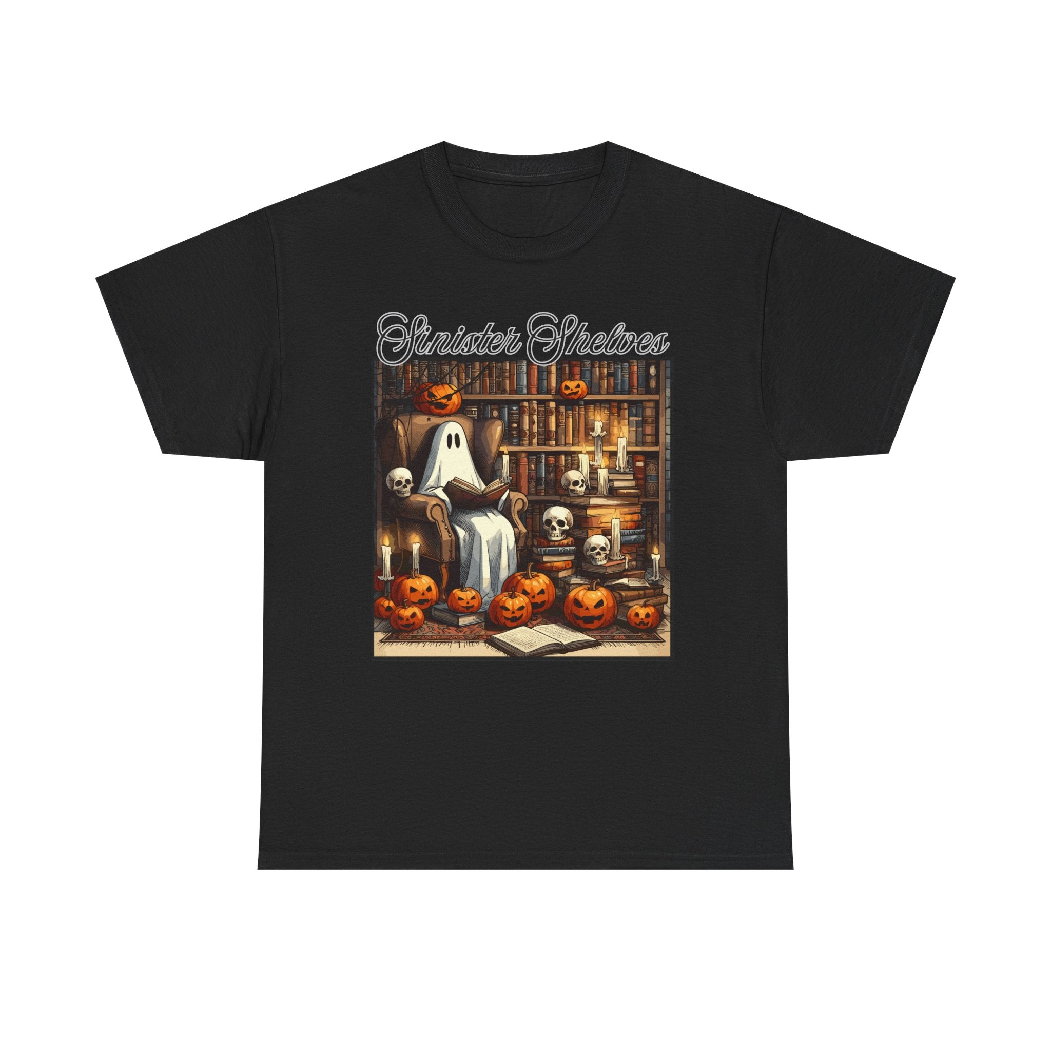 Halloween Ghost Library T‑Shirt — "Sinister Shelves" Vintage Spooky Jack‑O'Lantern Tee