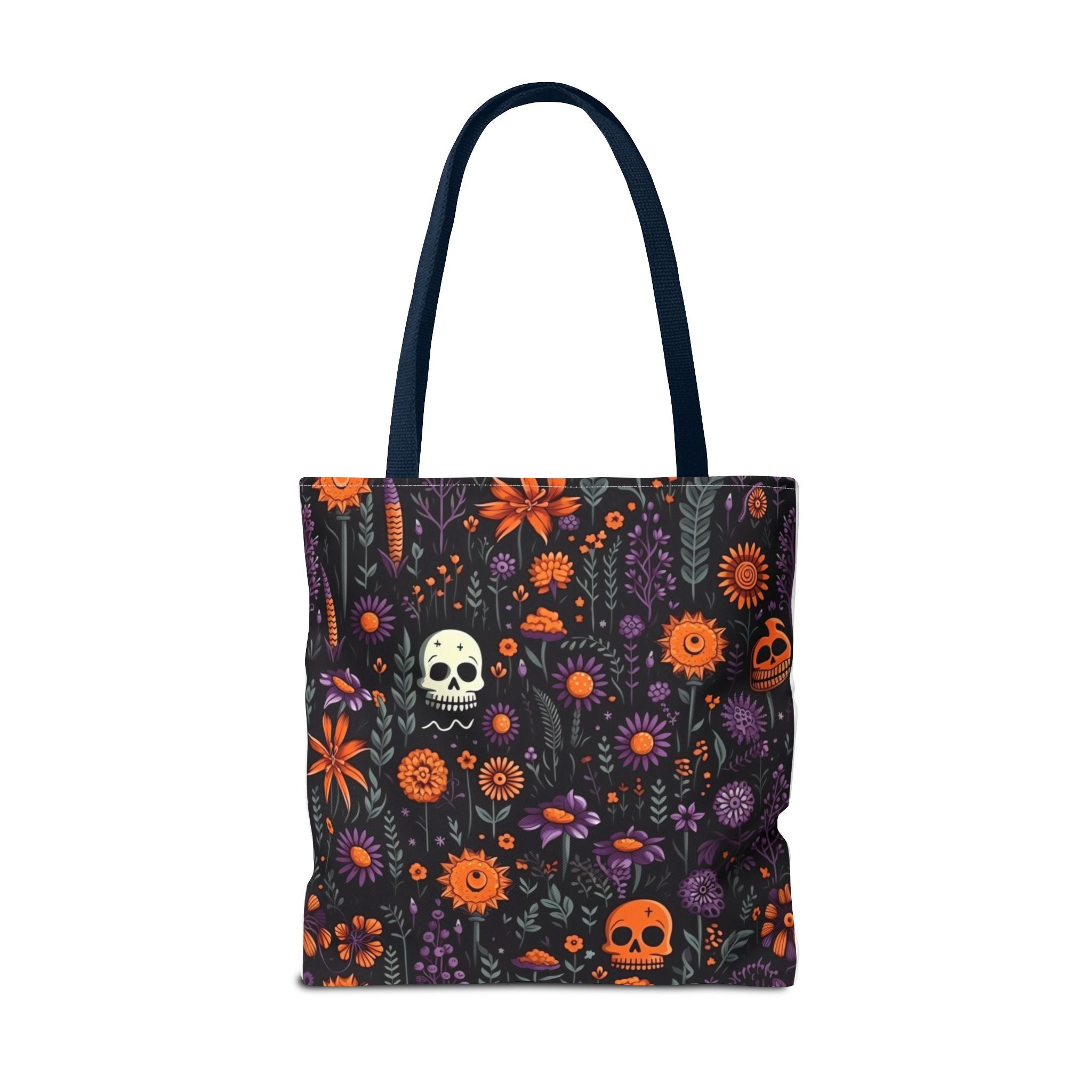 Halloween Skull Floral Tote Bag — Spooky Orange & Purple All-Over-Print
