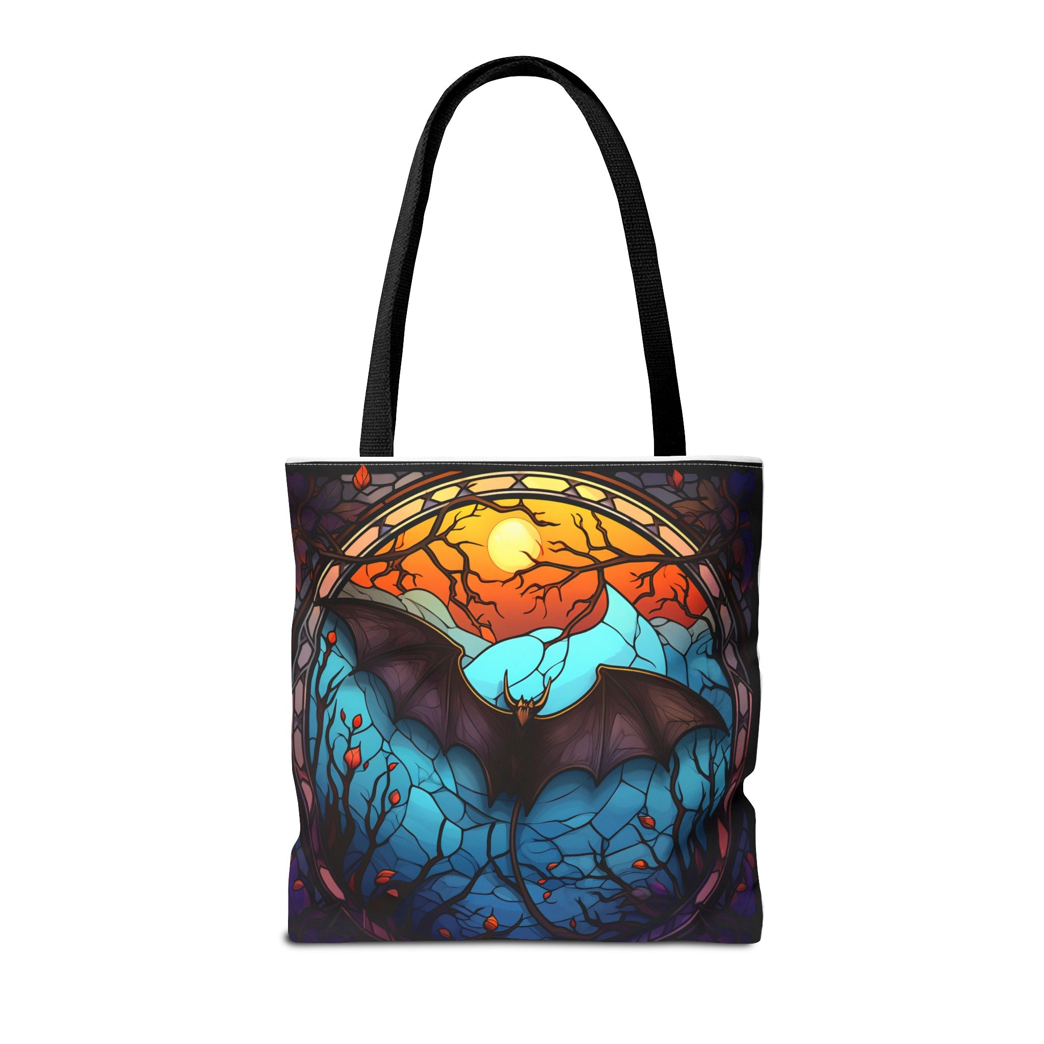 Stained Glass Bat Tote Bag — Moonlit Halloween AOP Canvas Tote