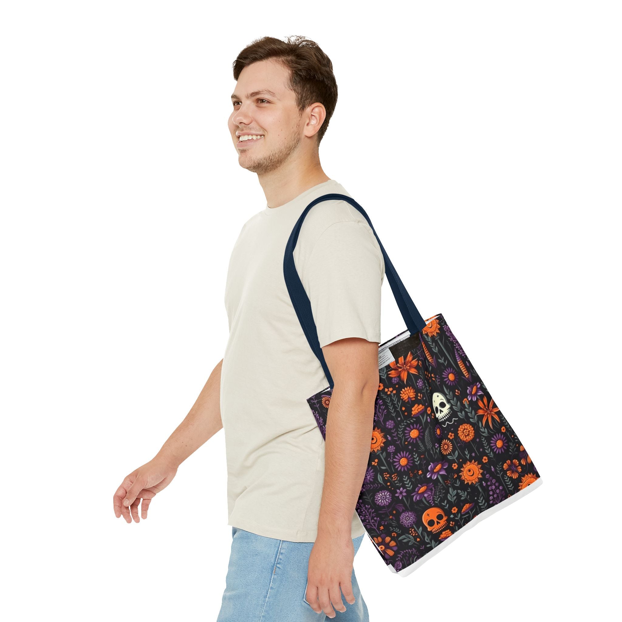 Halloween Skull Floral Tote Bag — Spooky Orange & Purple All-Over-Print