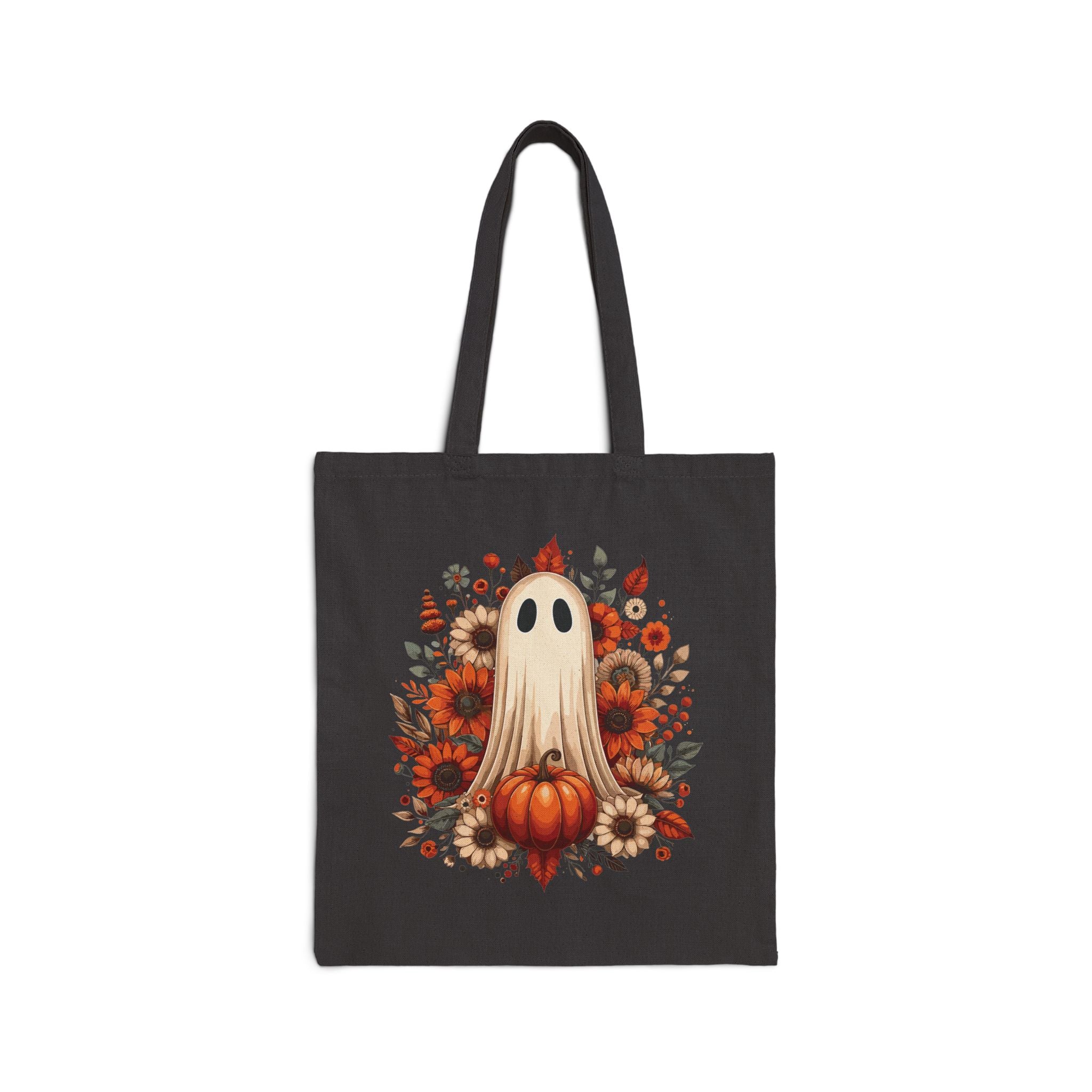 Autumn Ghost Pumpkin Tote Bag — Halloween Fall Floral Canvas Tote