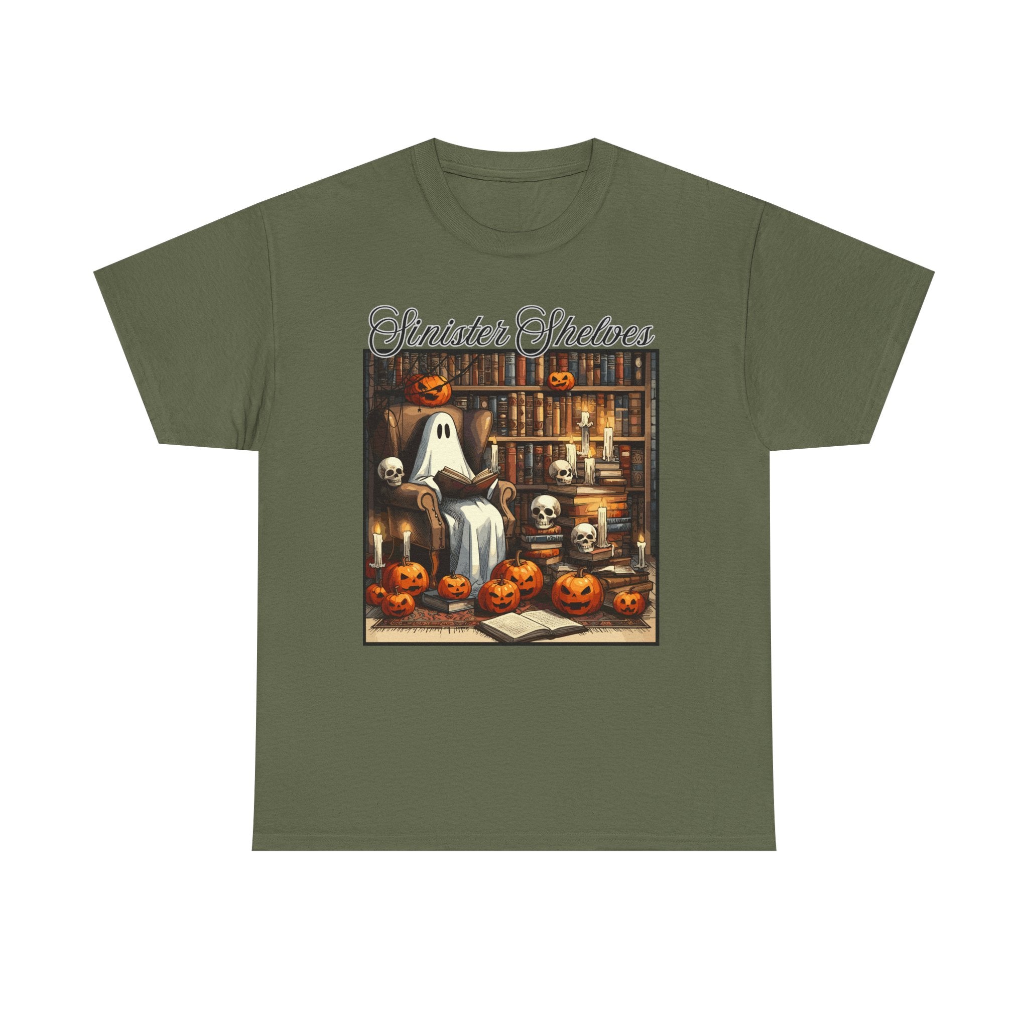 Halloween Ghost Library T‑Shirt — "Sinister Shelves" Vintage Spooky Jack‑O'Lantern Tee