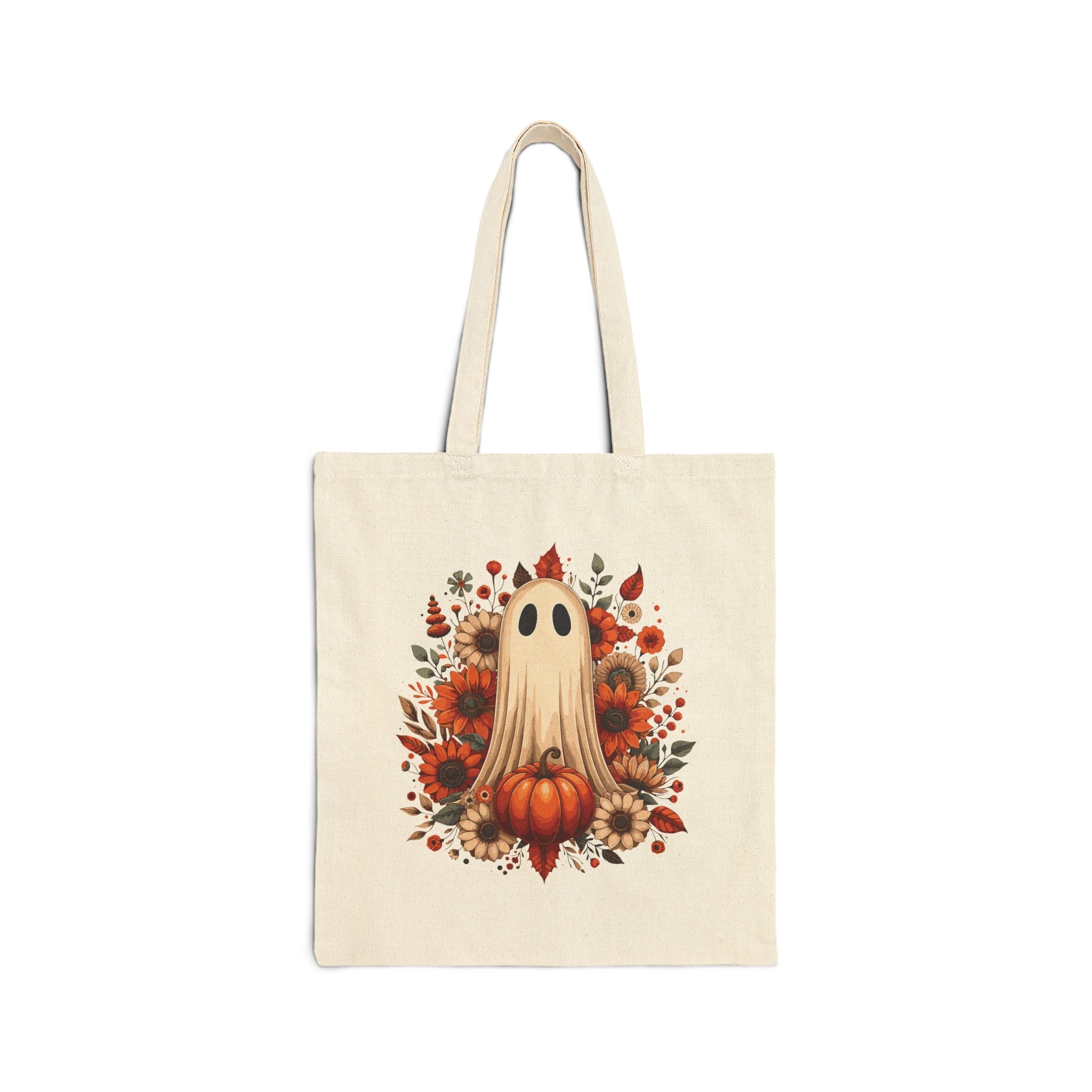 Autumn Ghost Pumpkin Tote Bag — Halloween Fall Floral Canvas Tote