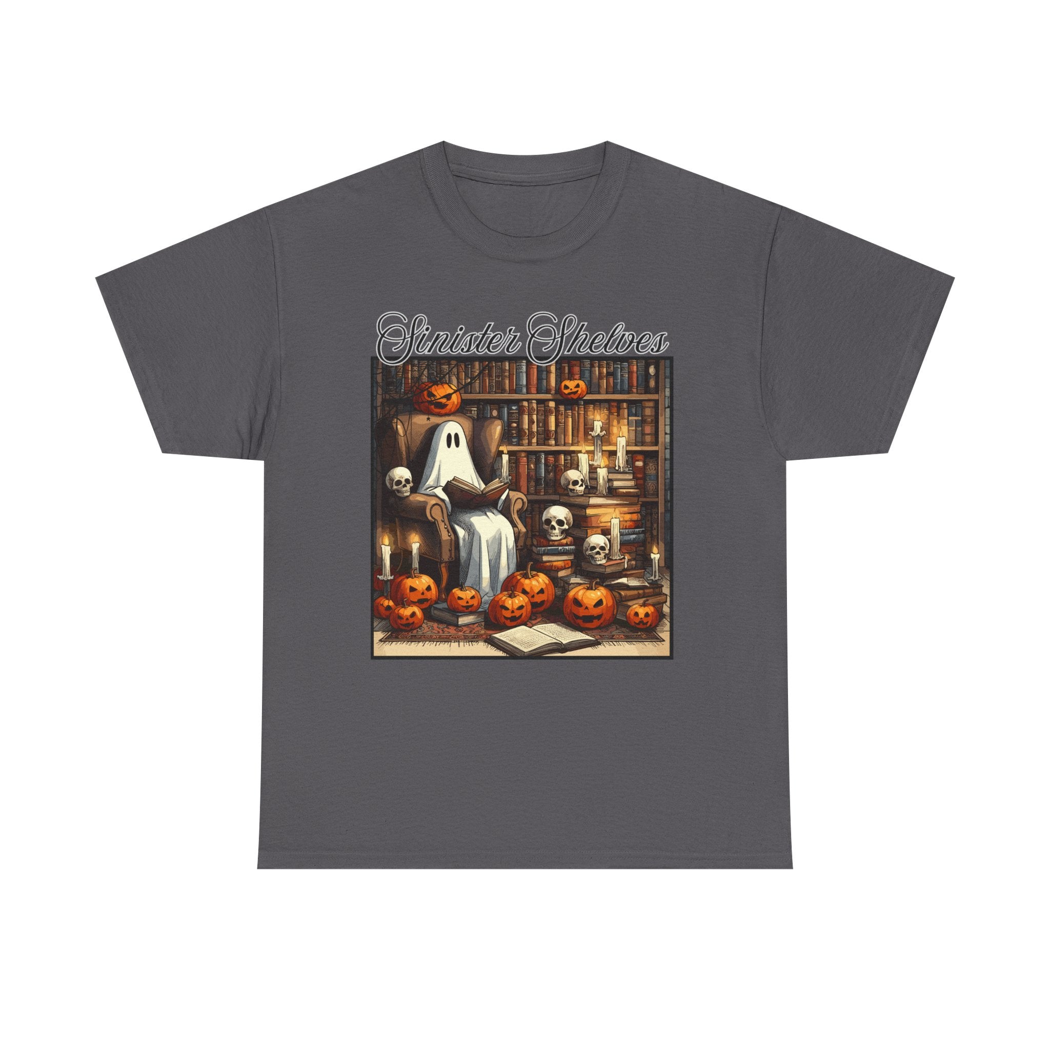Halloween Ghost Library T‑Shirt — "Sinister Shelves" Vintage Spooky Jack‑O'Lantern Tee