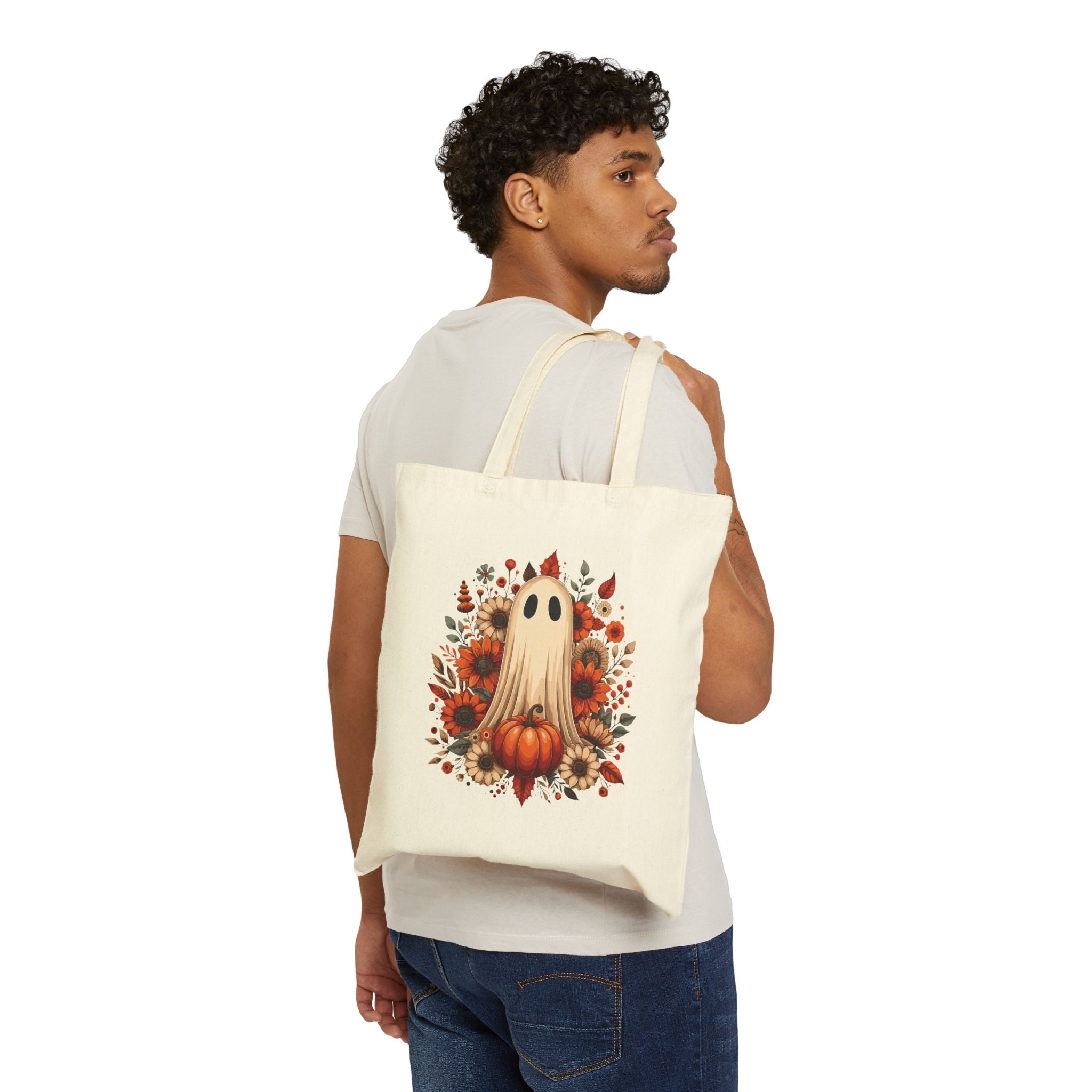 Autumn Ghost Pumpkin Tote Bag — Halloween Fall Floral Canvas Tote