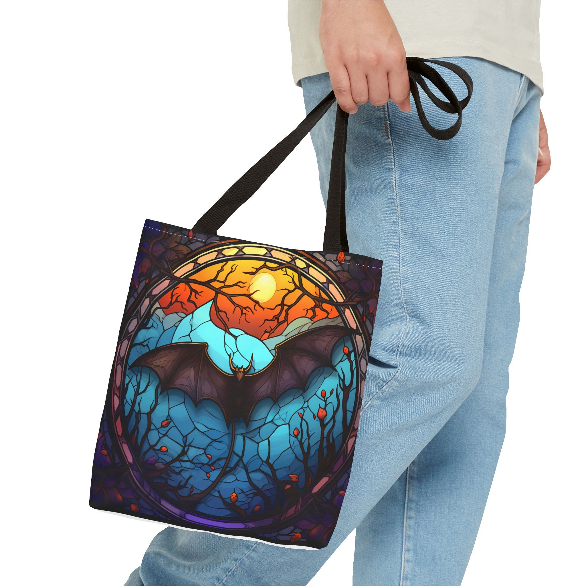 Stained Glass Bat Tote Bag — Moonlit Halloween AOP Canvas Tote