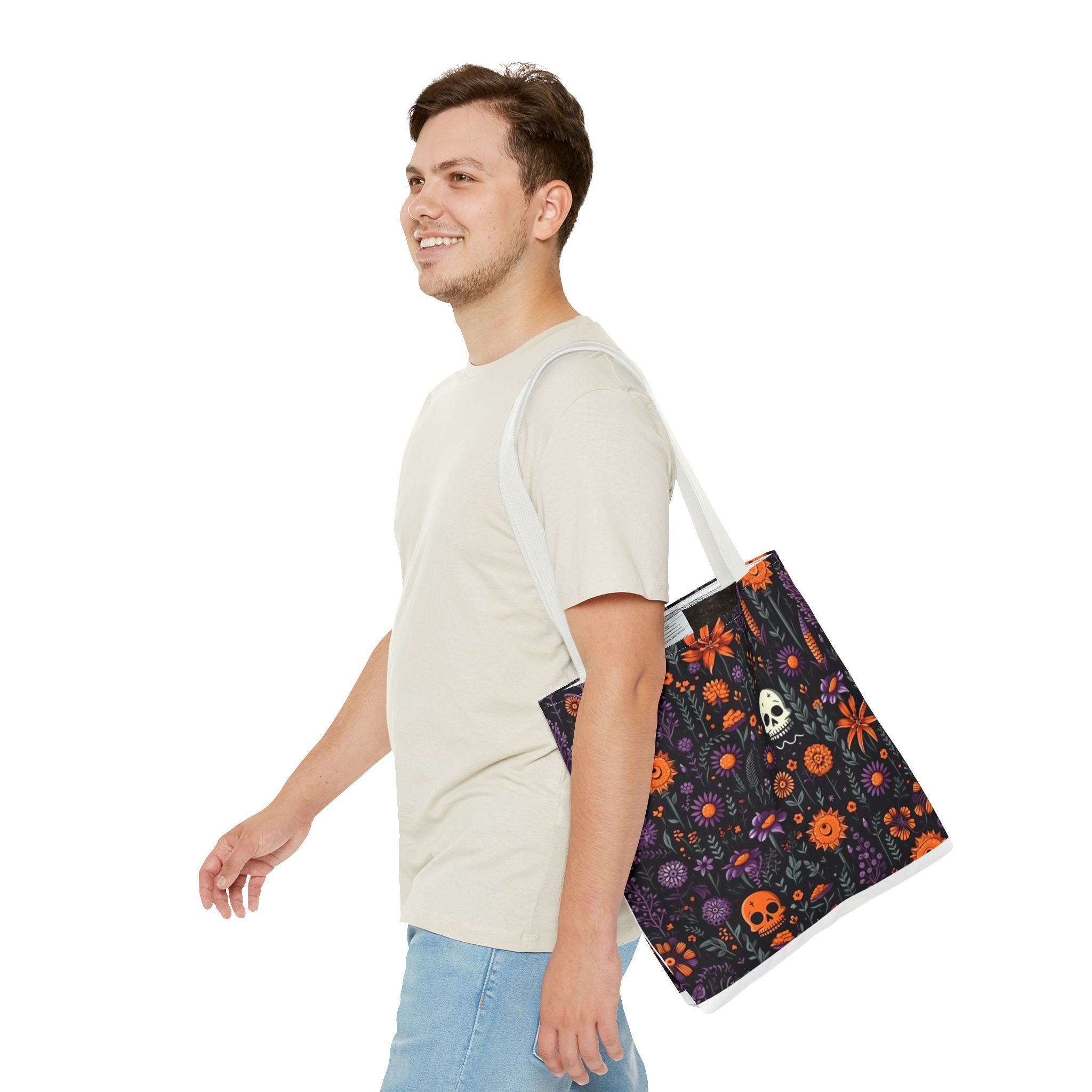 Halloween Skull Floral Tote Bag — Spooky Orange & Purple All-Over-Print