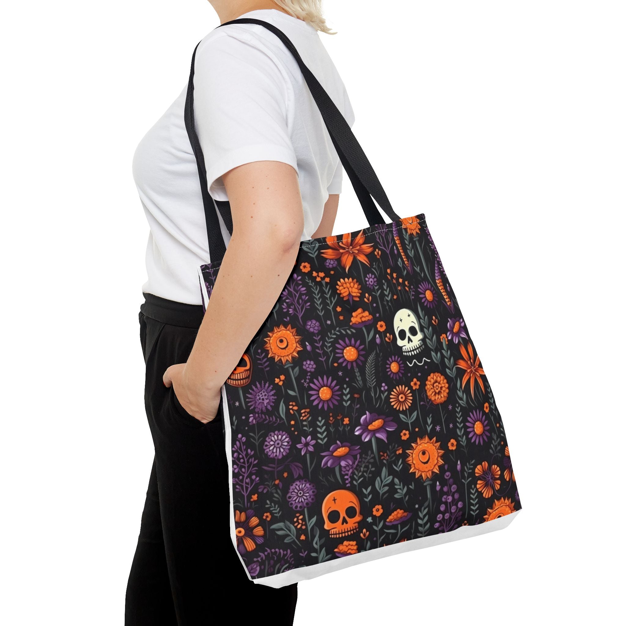 Halloween Skull Floral Tote Bag — Spooky Orange & Purple All-Over-Print