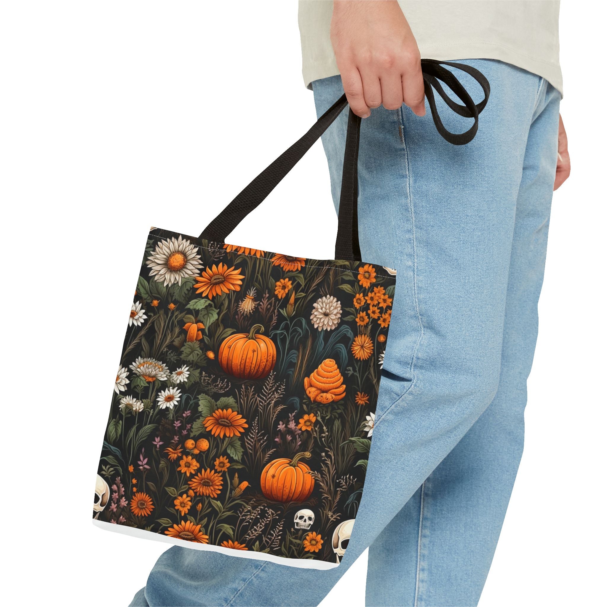 Halloween Pumpkin Floral Tote Bag — Autumn Skull Garden All-Over Print Tote