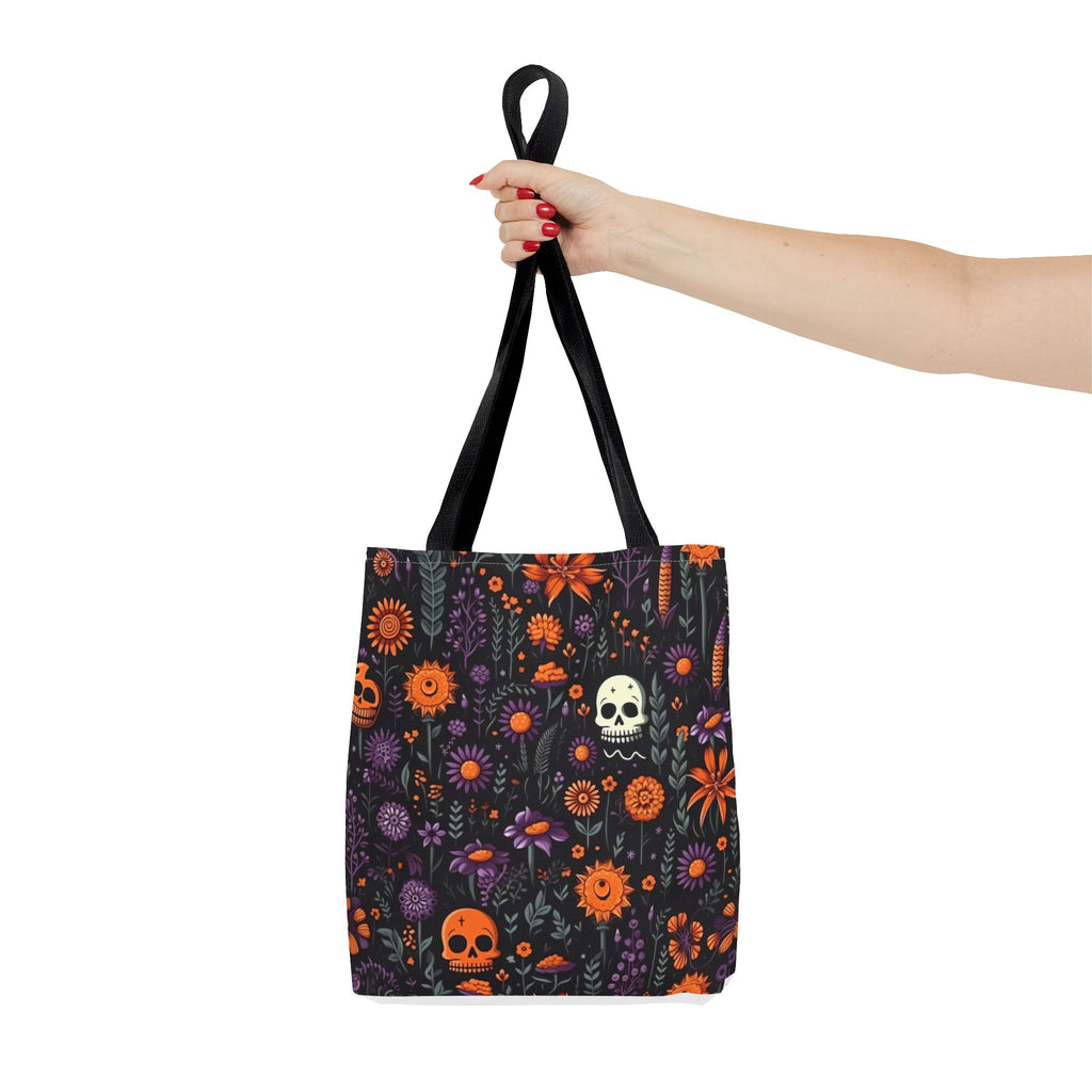 Halloween Skull Floral Tote Bag — Spooky Orange & Purple All-Over-Print