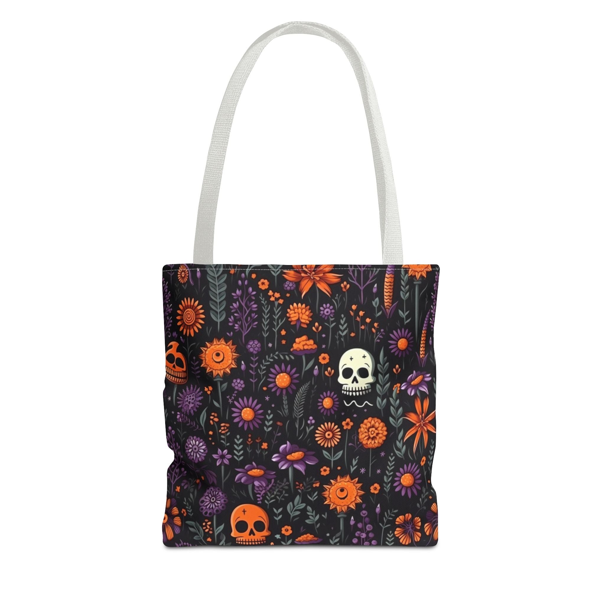 Halloween Skull Floral Tote Bag — Spooky Orange & Purple All-Over-Print