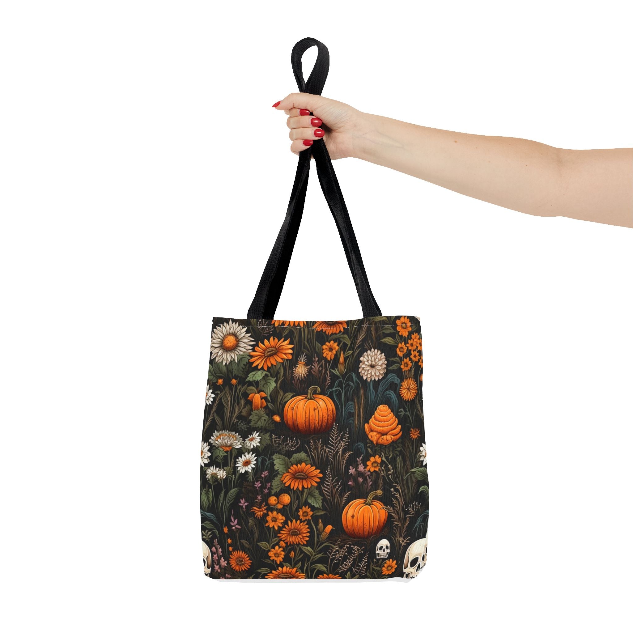 Halloween Pumpkin Floral Tote Bag — Autumn Skull Garden All-Over Print Tote