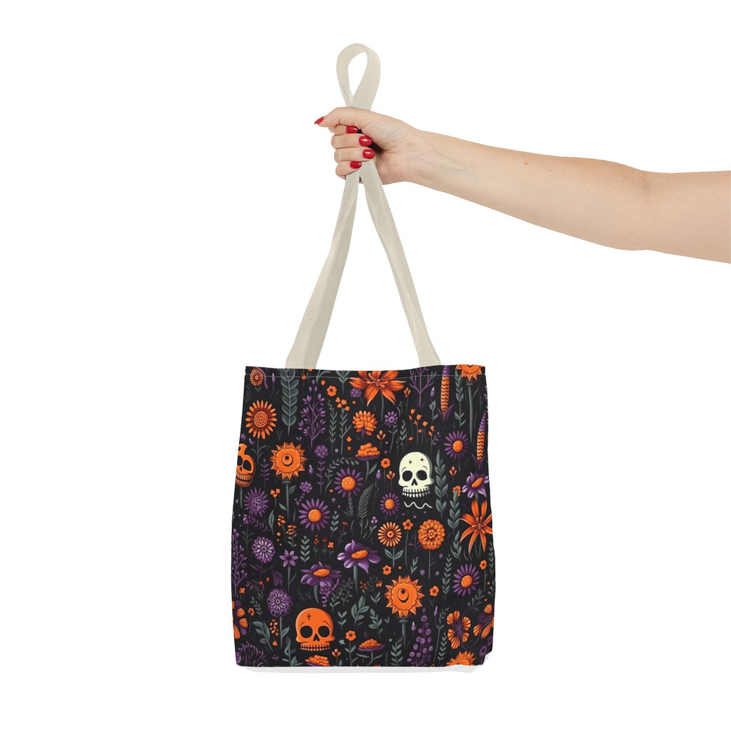 Halloween Skull Floral Tote Bag — Spooky Orange & Purple All-Over-Print