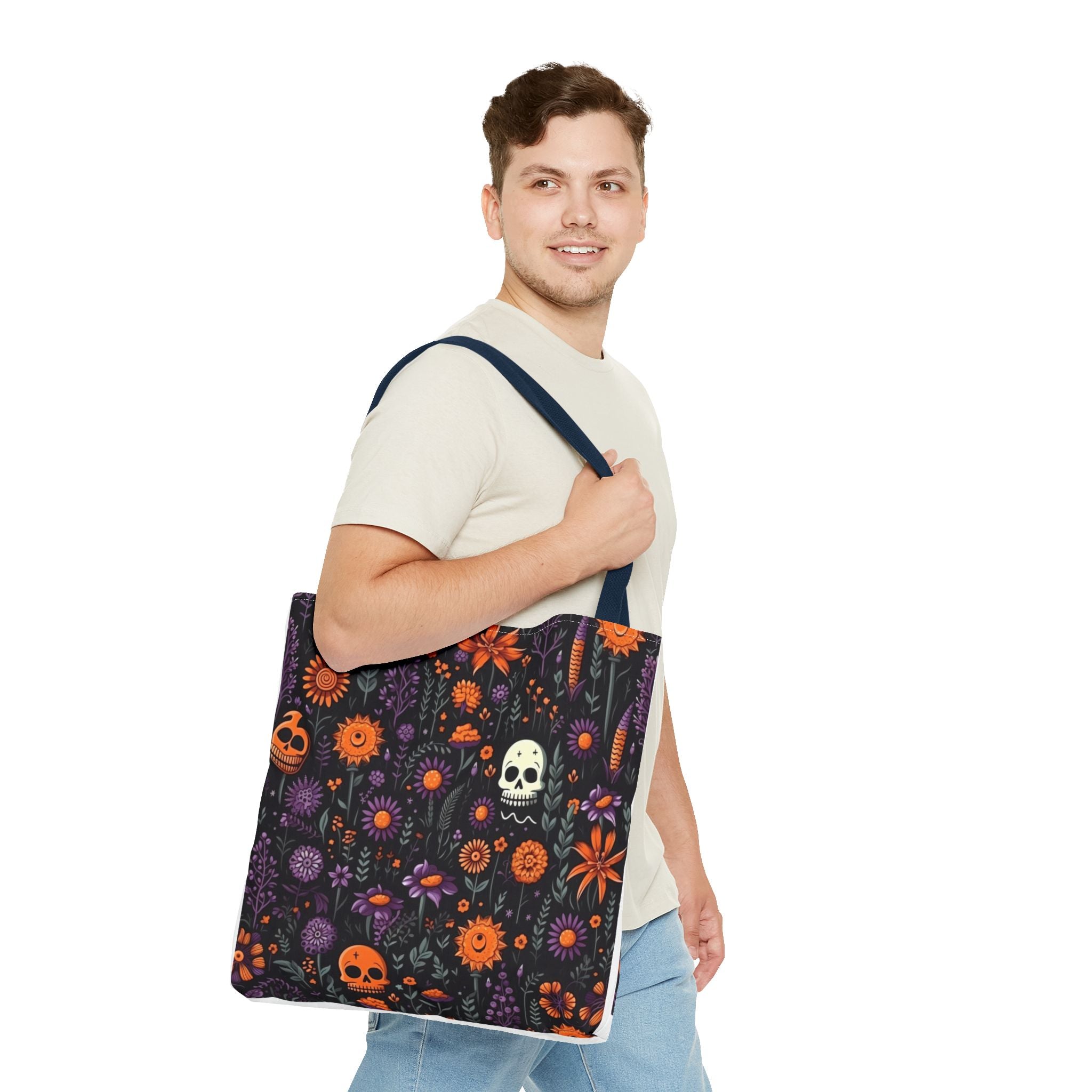 Halloween Skull Floral Tote Bag — Spooky Orange & Purple All-Over-Print