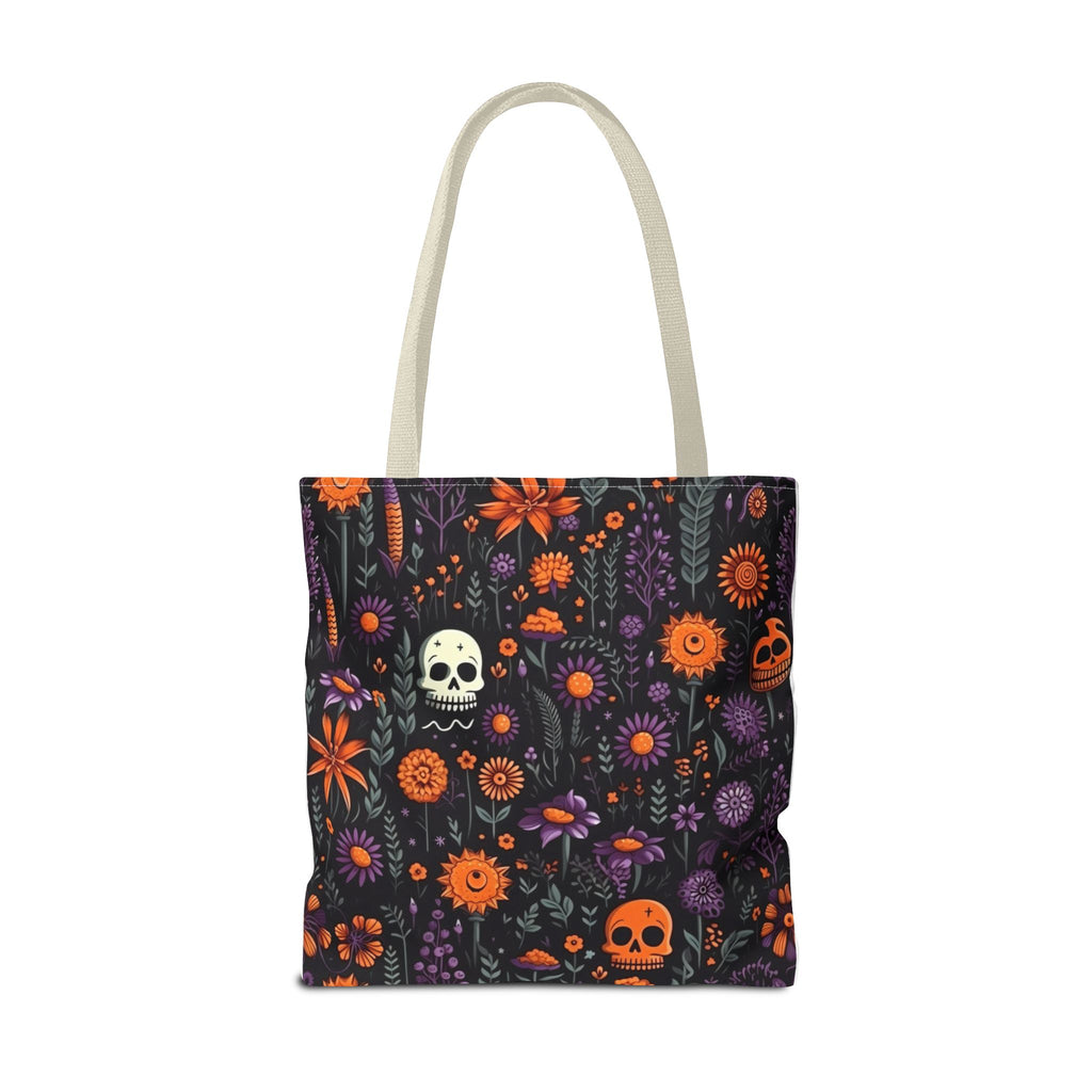 Halloween Skull Floral Tote Bag — Spooky Orange & Purple All-Over-Print