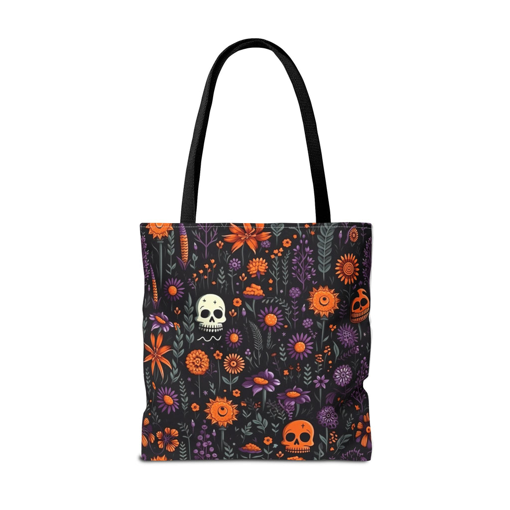 Halloween Skull Floral Tote Bag — Spooky Orange & Purple All-Over-Print