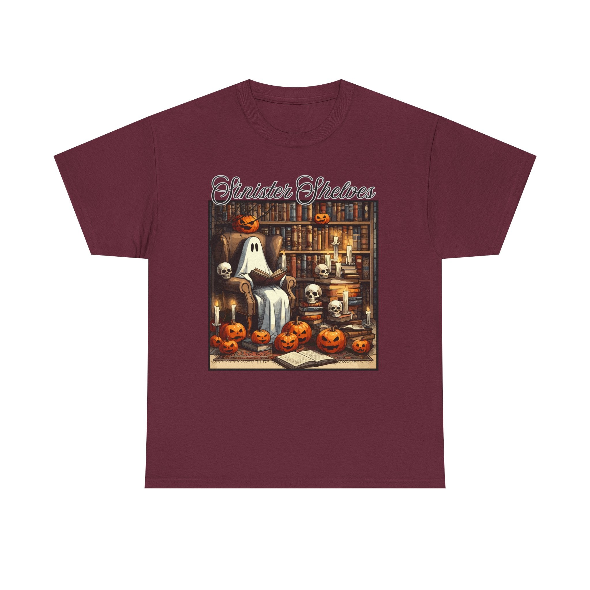 Halloween Ghost Library T‑Shirt — "Sinister Shelves" Vintage Spooky Jack‑O'Lantern Tee